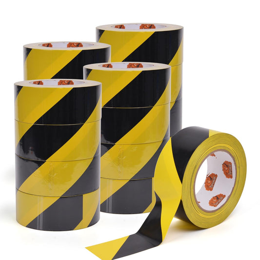 TAPEBEAR Hazard Caution Tape, 2inch x 150 Feet Self Adhesive Warning Tape for Steps, High Visibility Yellow Black Tape for Halloween Outdoor Construction, Scene Barrier, Danger Zone, 16Rolls