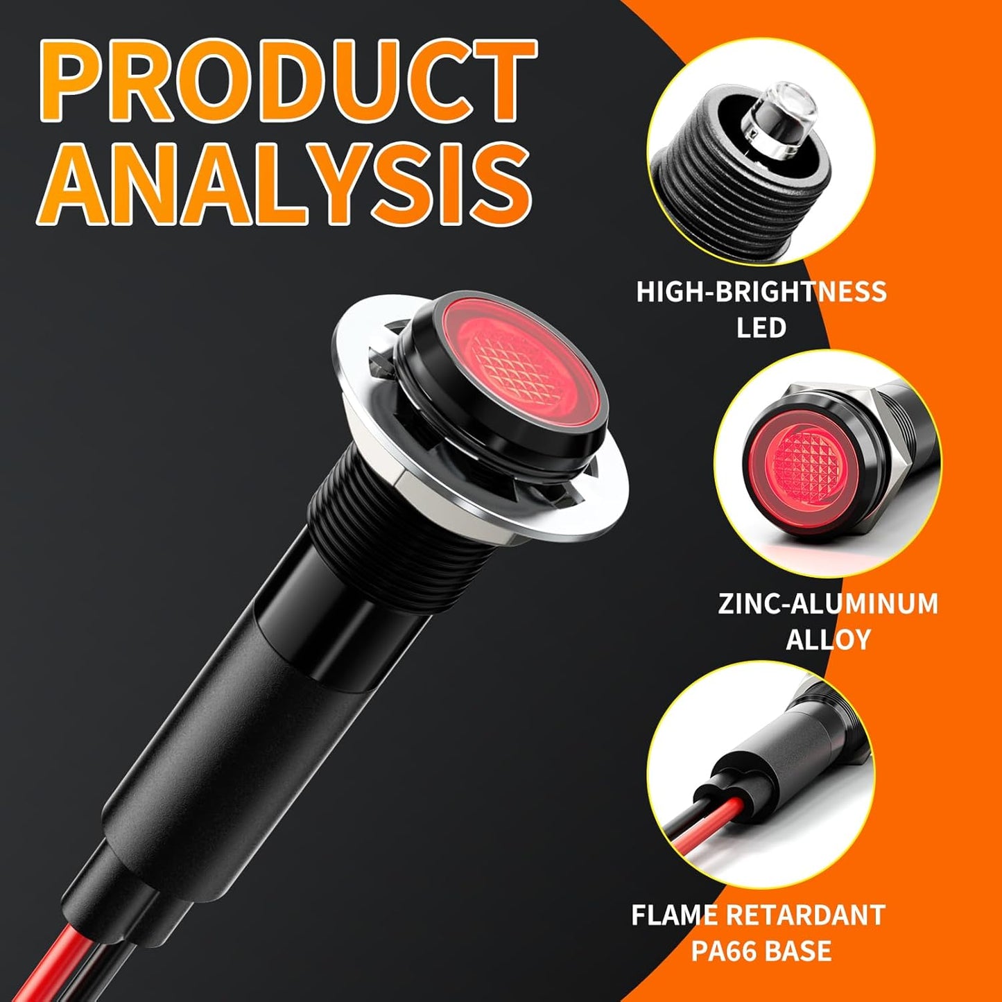 5Pcs 8MM (5/16'') Indicator Light 12V 24V Metal Pilot Lamp Lights Aluminum Black Anodized Waterproof ip67 Red Signal Lamp Light(12V-Black Anodized-Yellow 5Pcs)