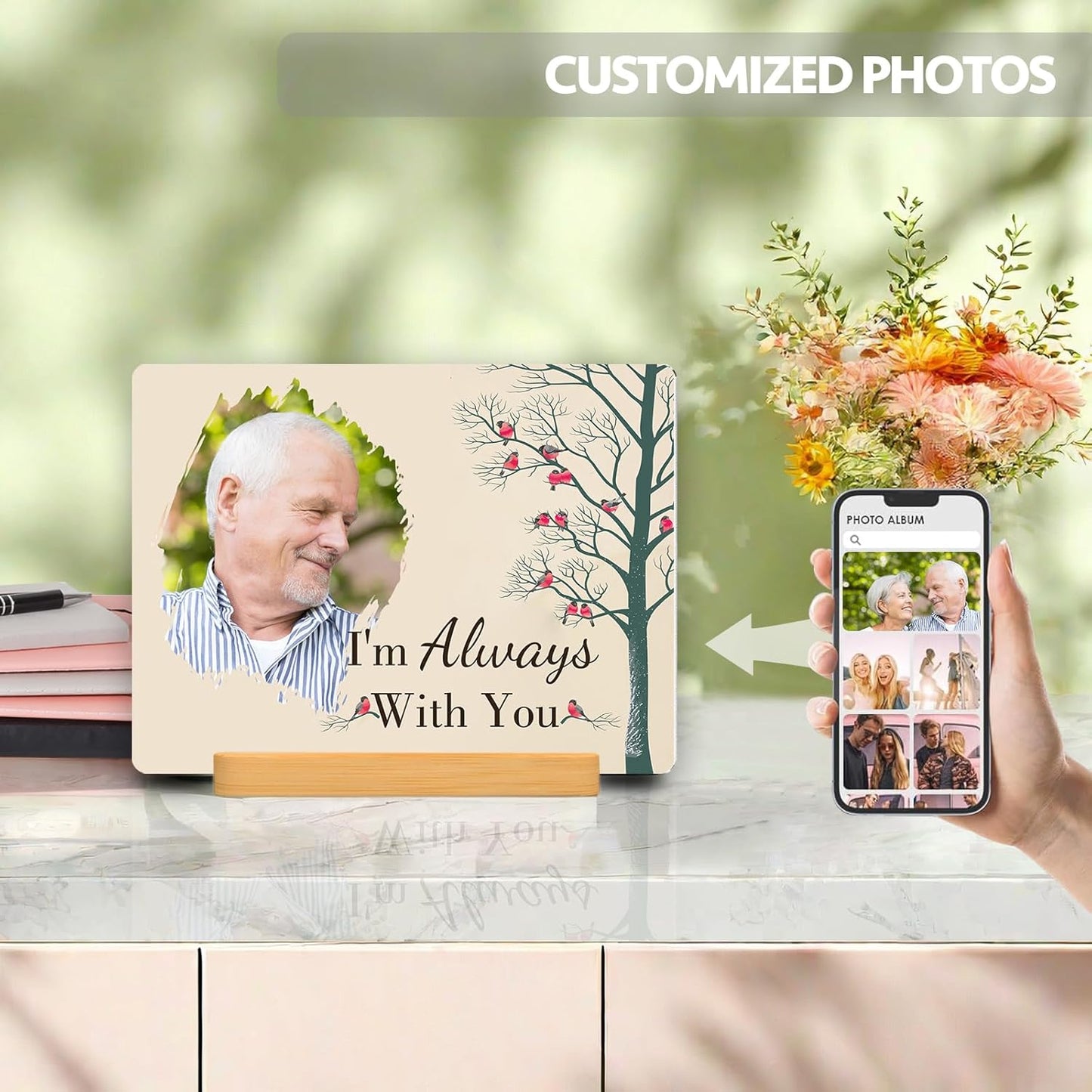 Custom Photo Prints - Metal Desktop Picture Frame with Photos & Text & Wooden Base Personalized Gifts for Family Lovers Pets and Friends, Optional Multiple Sizes