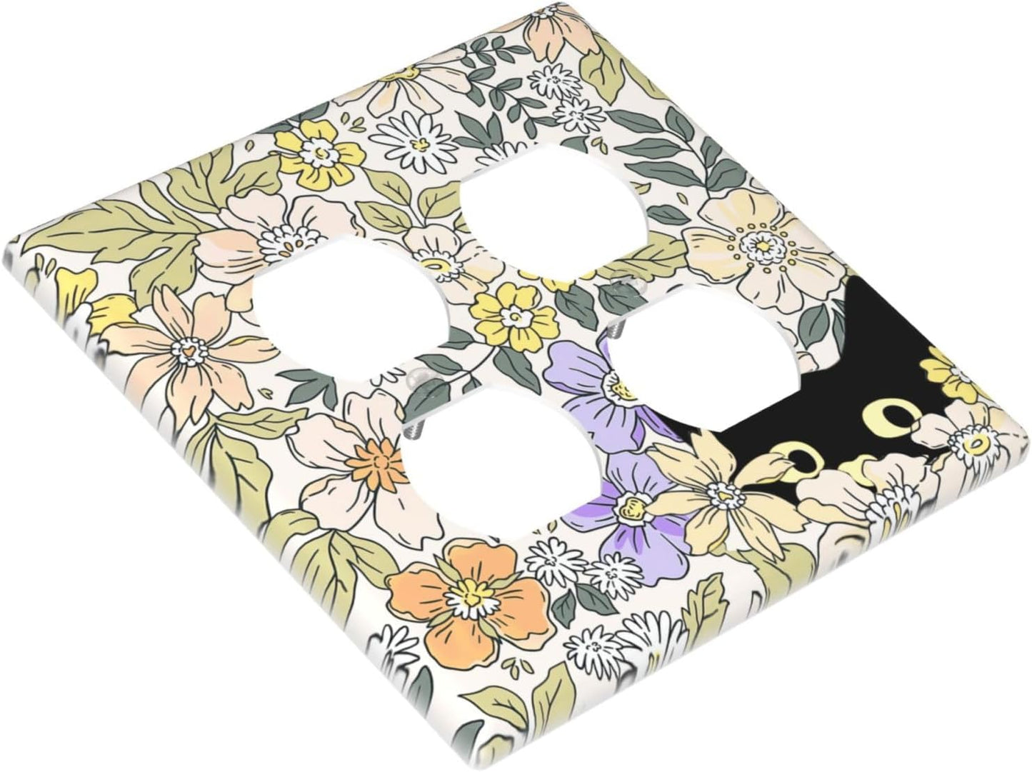 Decorative Outlet Covers Cute Black Cat in a Flower Patch Botanical Garden 2 Gang Wall Plate Double Duplex Receptacle Light Switch Covers Switch Plate Cover for Bedroom Home Decor