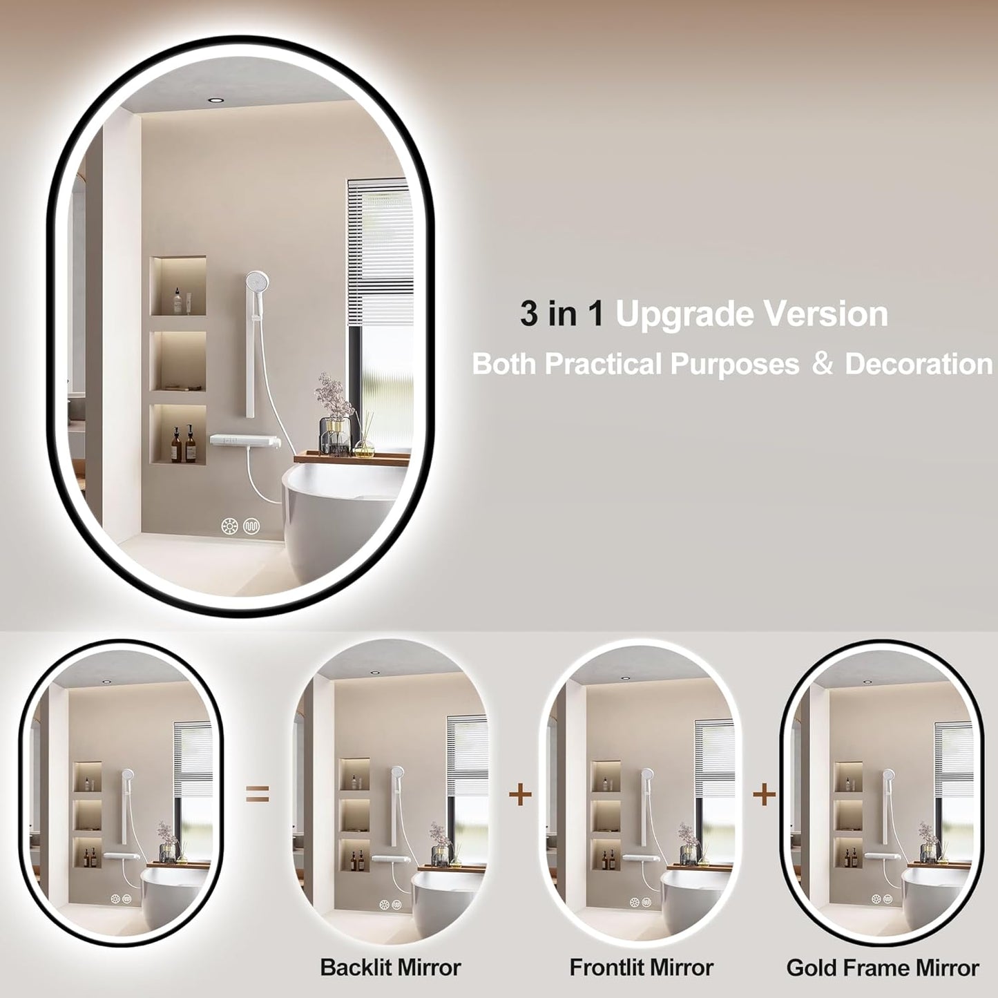 S'bagno 24x36 Oval Black LED Mirror for Bathroom with Frontlit & Backlit, LED Bathroom Mirror with Metal Frame, Anti-Fog, Stepless Dimmable, 3 Colors Temperature LED Vanity Mirror(Horizontal/Vertical)