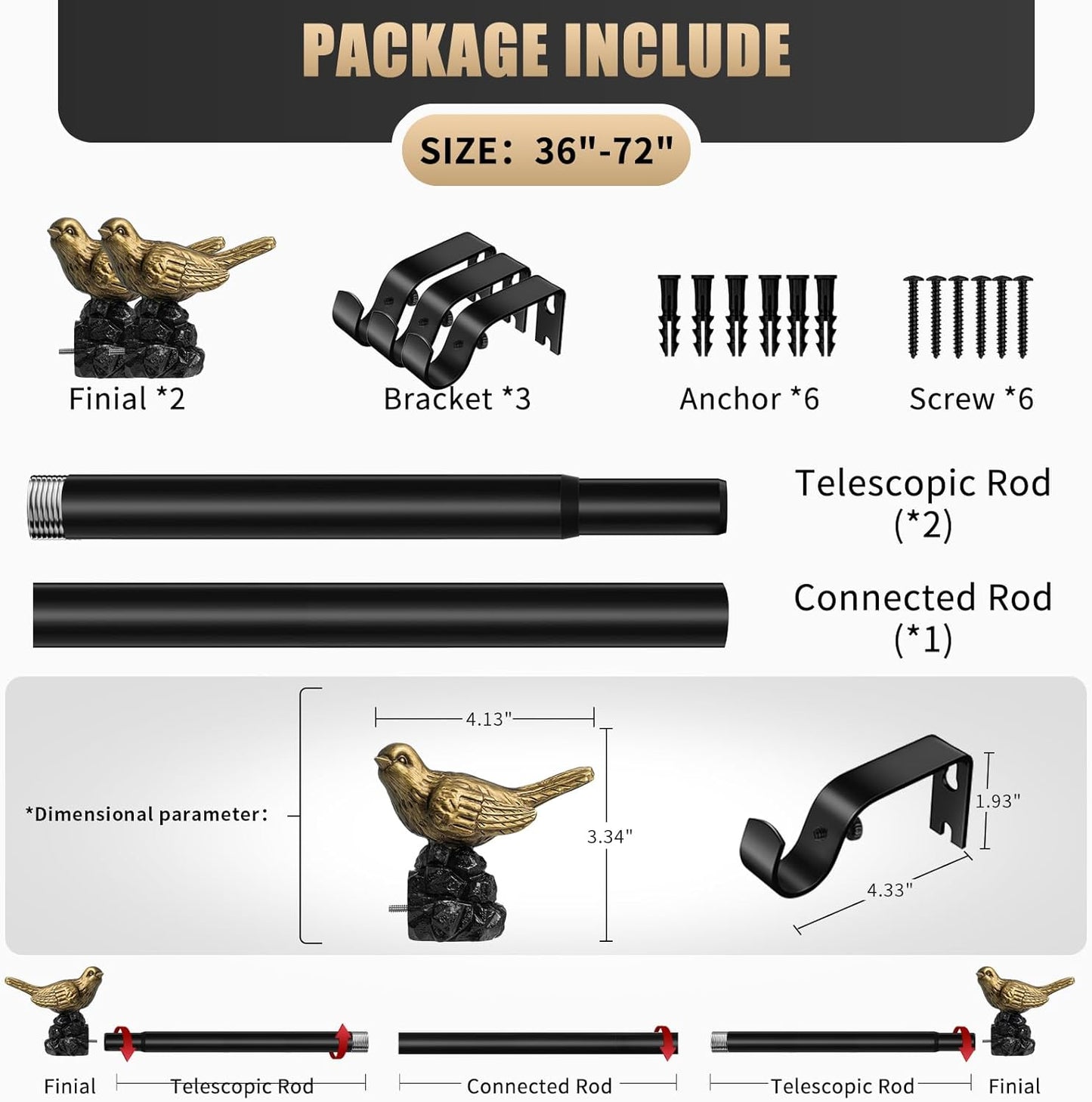 Vintage Gold Curtain Rod 36 to 72 Inches Curtain Rods for Windows Adjustable Heavy Duty Drapery Rod with Bird Finials for Living Room Bedroom
