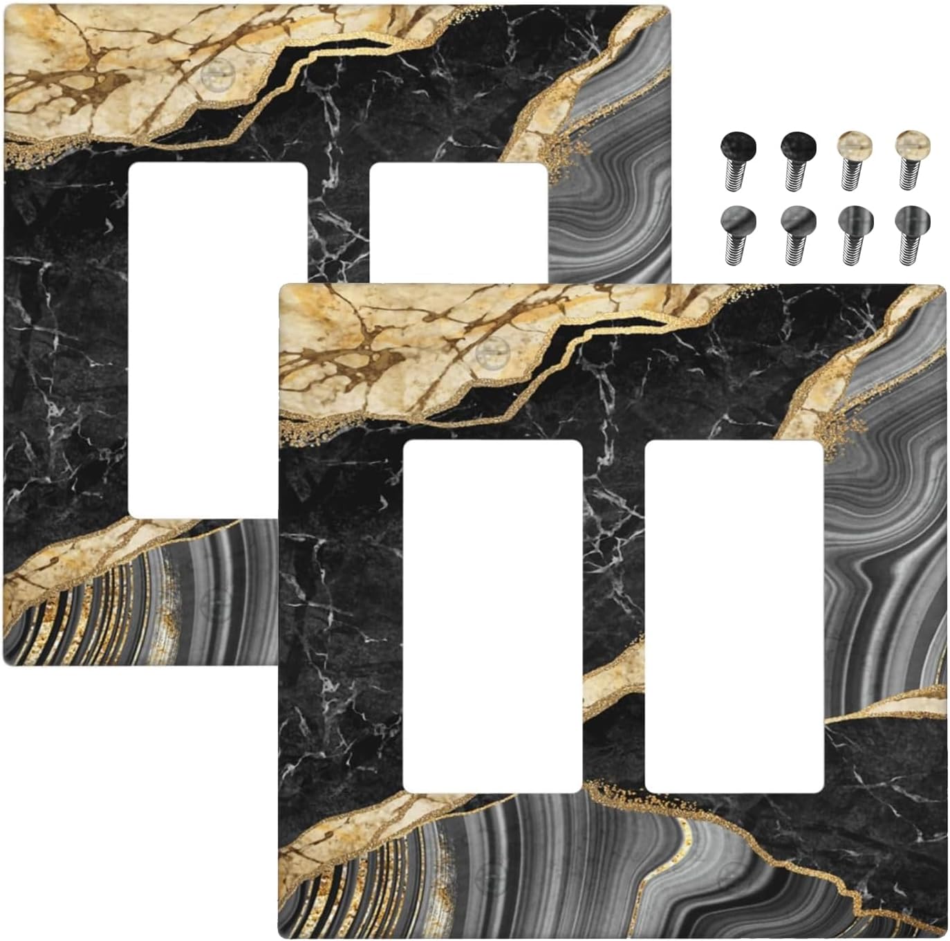 Decorative Outlet Covers Modern Abstract Black Gold Marble 2 Gang Light Switch Cover Plate Double Rocker Wall Plate Switch Plate Covers Faceplate for Bathroom Kitchen Decor （2 Pack）