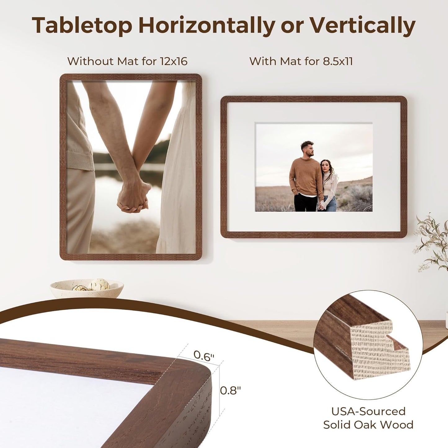 Solid Oak Wood 12x16 Picture Frame, Farmhouse 12 x 16 Wooden Frames, 12x16 Frame Matted to 8.5x11, Tempered Real Glass, 12"x16" Frames Minimalist Art Frame for Home Deocr, Walnut Color, 1 Pack