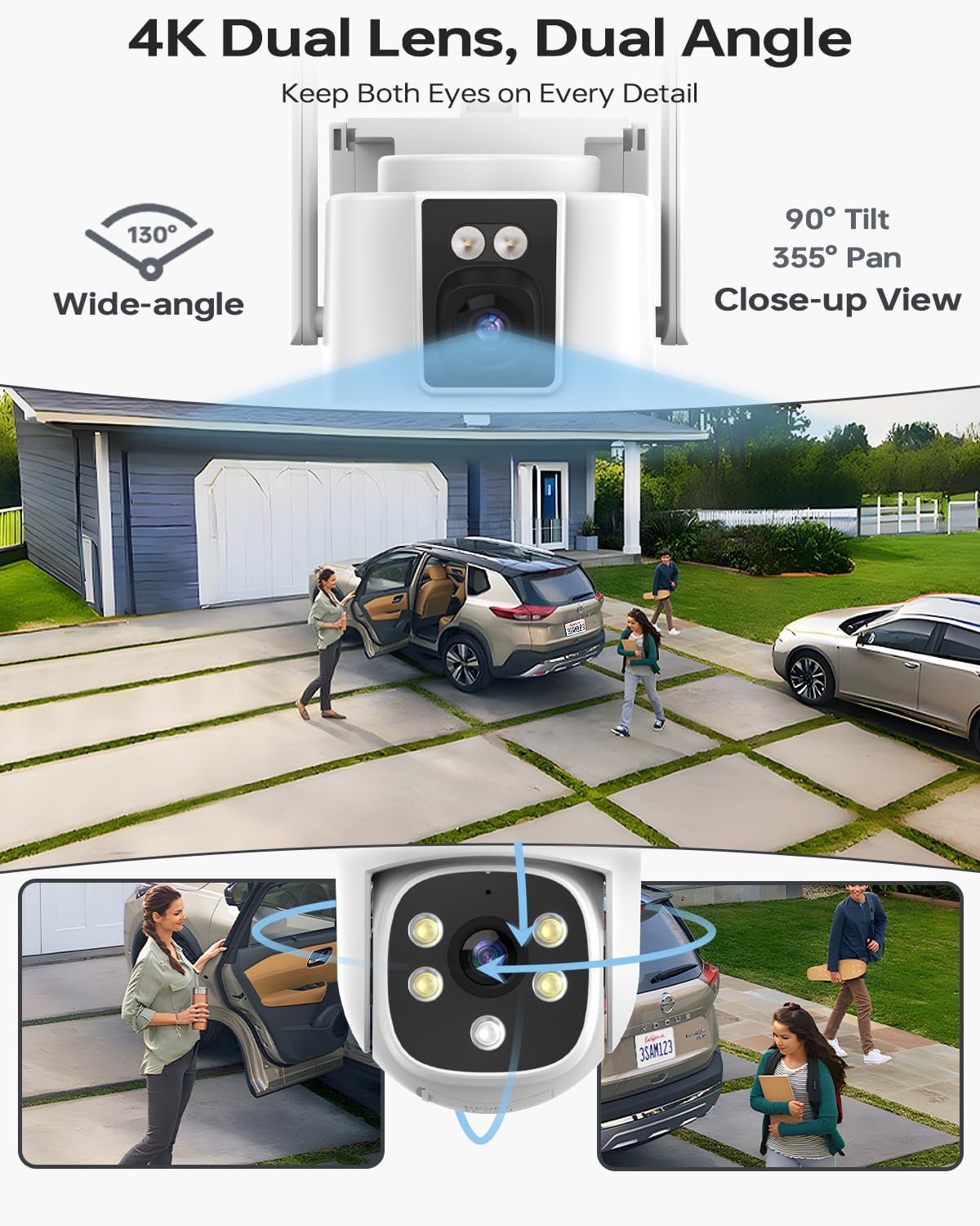 Wireless Outdoor Security Camera System, Wkkengd Dual Lens Dual Screen Auto Tracking 4 Home Surveillance Camera Set 12.5" Monitor 1TB 10CH NVR Color Night Vision 2 Way Audio Wi-Fi 6 Alexa Compatible