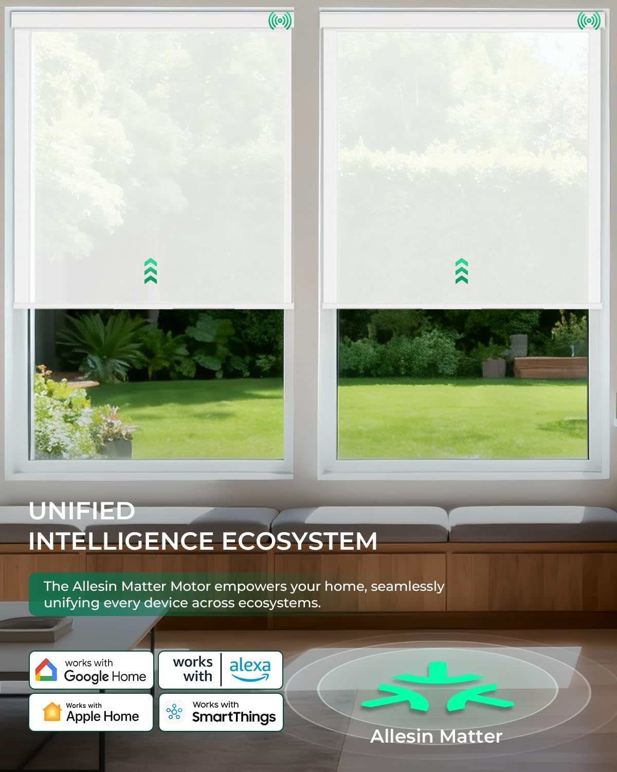 Allesin Motorized Roller Blinds – Rechargeable Smart Shades with Remote & Quiet Motor, Top/Bottom Aluminum Rails, Alexa-Compatible for Window (Custom Size, Light Filtering Seashell-Textured)