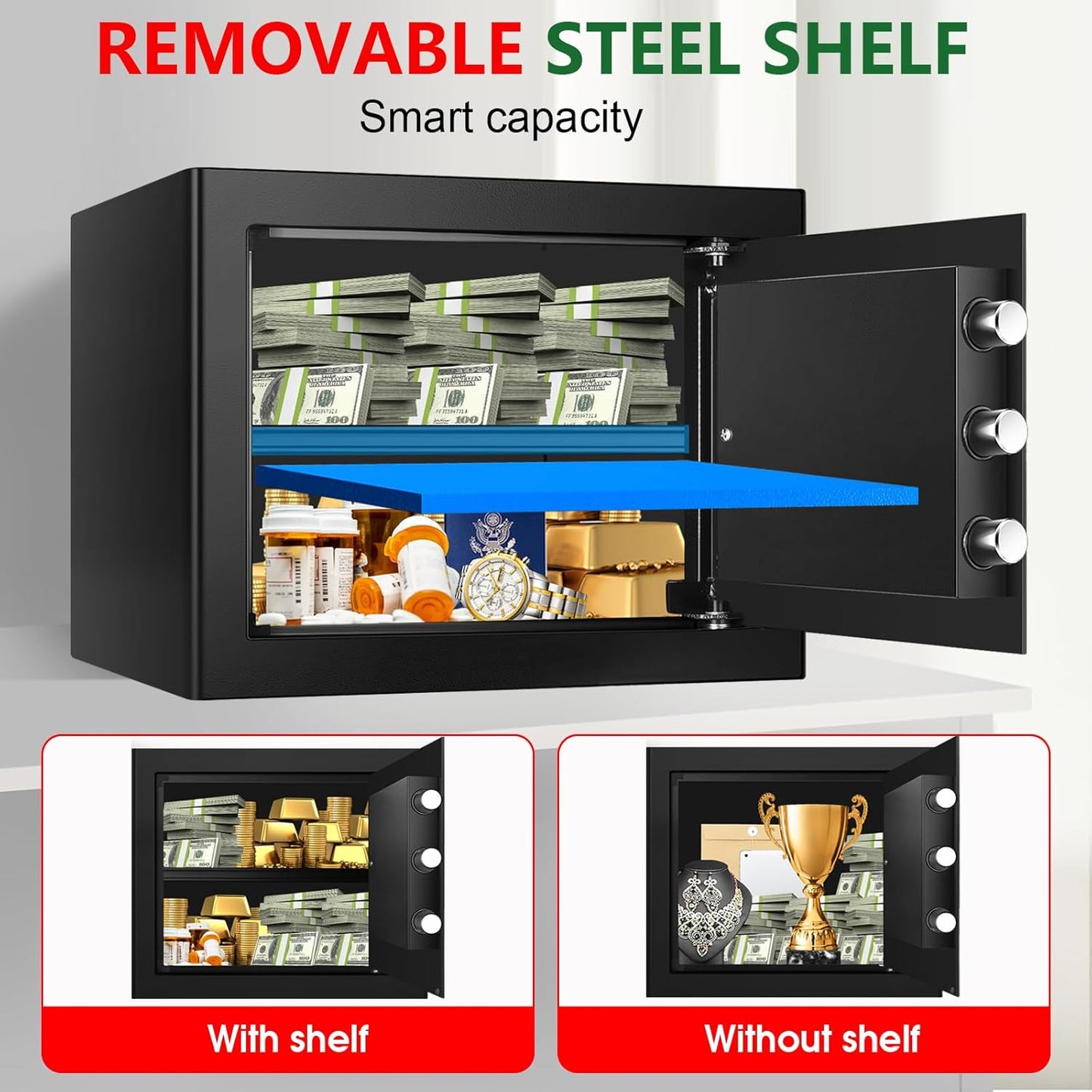 Small Fire Safe Box for Home, 1.7 Cubic Feet Fireproof Lock Box with Digital Keypad, Spare Keys and Removable Shelf, Personal Home Safes for Money, Jewelry, ID Documents, Christmas Gifts