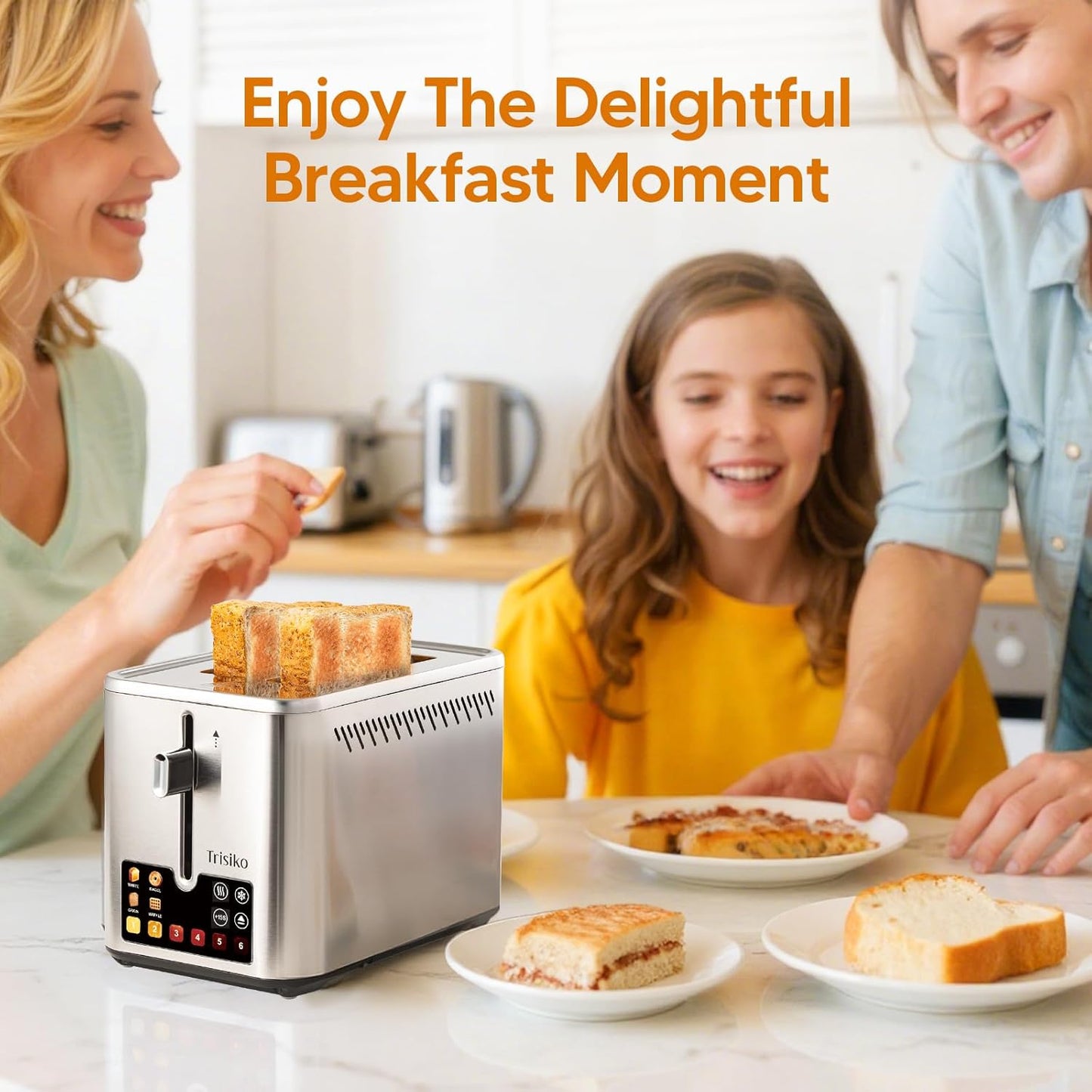 Trisiko® Touch Screen Toaster 2 Slice, Stainless Steel Smart Toaster with Digital Timer, 1.38" Extra-Wide Slots for Bread& Bagel,with Reheat, Defrost, Cancel, +15s Boost, Great for Home, Office, Dorm