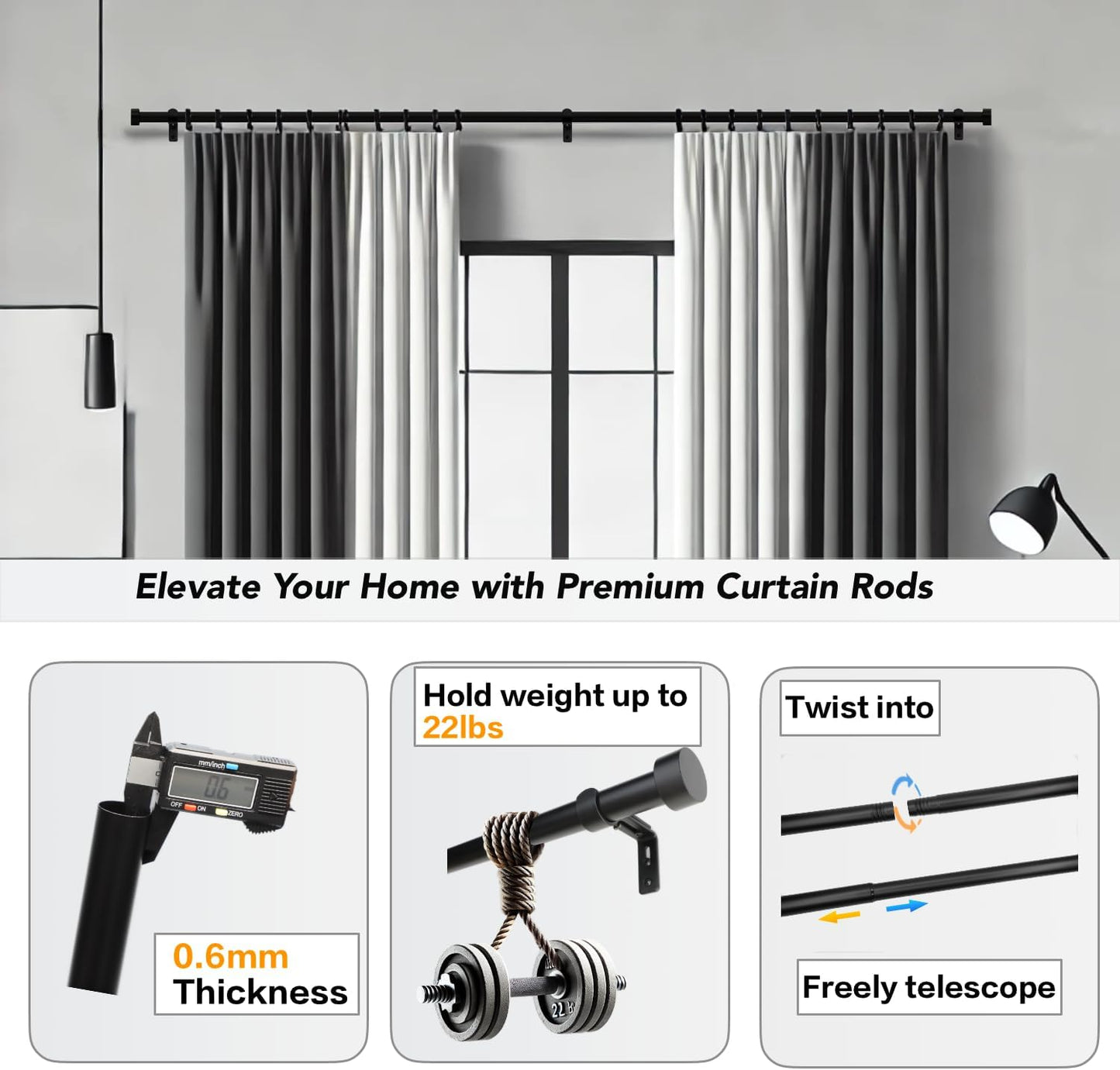 Black Curtain Rod for Windows 18 to 45 Inches, 1 Inch Adjustable Drapery Pole, Heavy Duty Outdoor/Indoor Modern Curtain Rods, Easy Installation(Black 18"-45")