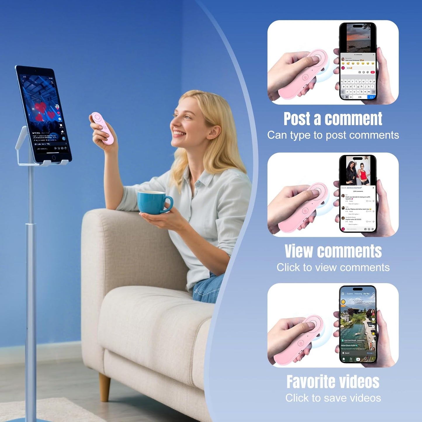 Phone Remote Controller - Bluetooth Remote for iPhone with Air Mouse Control, TikTok Scrolling Ring, Bluetooth Page Turner, Camera & Music Remote, YouTube & Instagram, iOS&Android, Pink