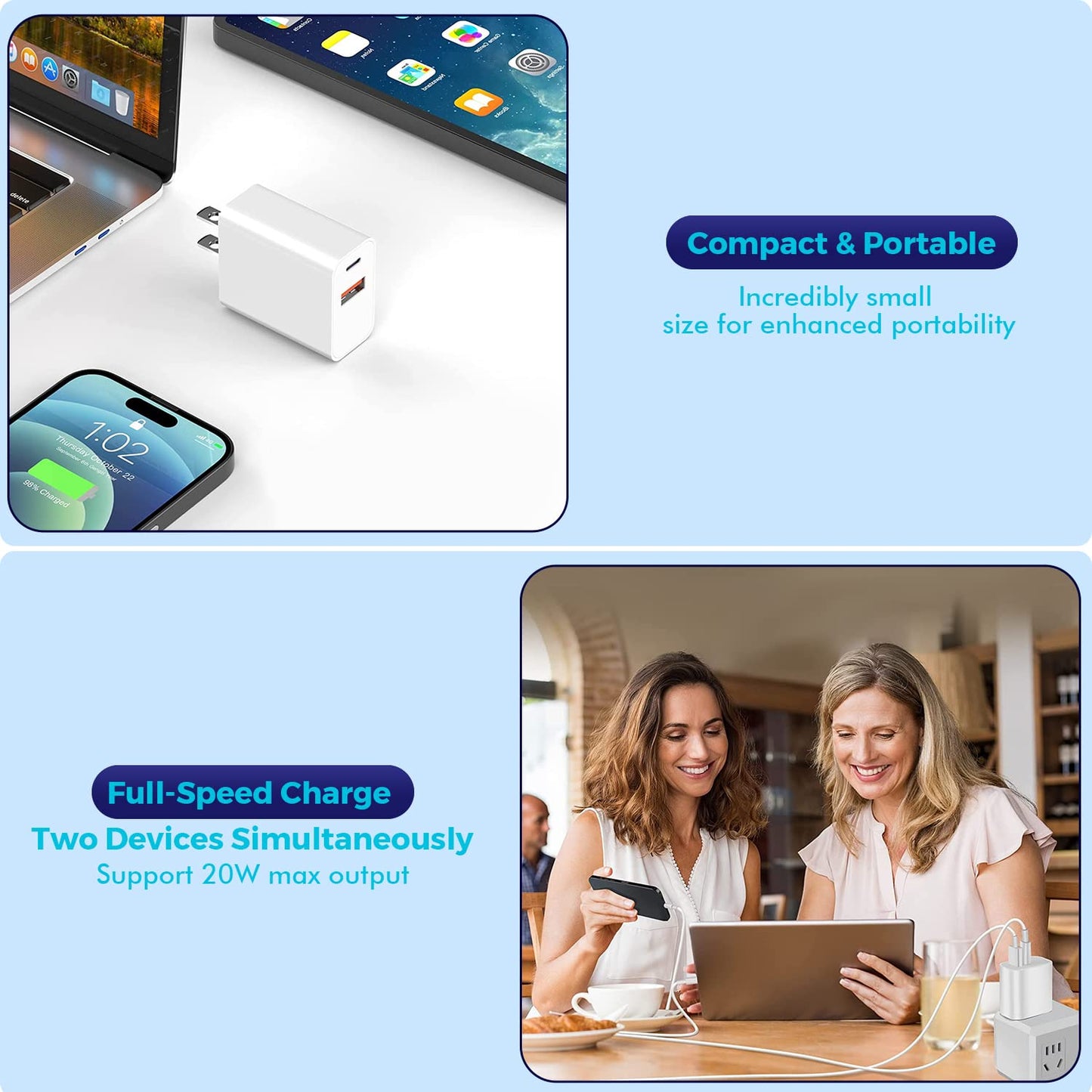iPhone 17/16 Charger Block, 2Pack 20W Dual Port PD Fast USB C Wall Charger Adapter + USB A Quick Charging Brick Plug Compatible with iPhone Air/17/16/15/14/13/12/11/Pro Max/Plus/XS/XR/X,iPad,AirPods