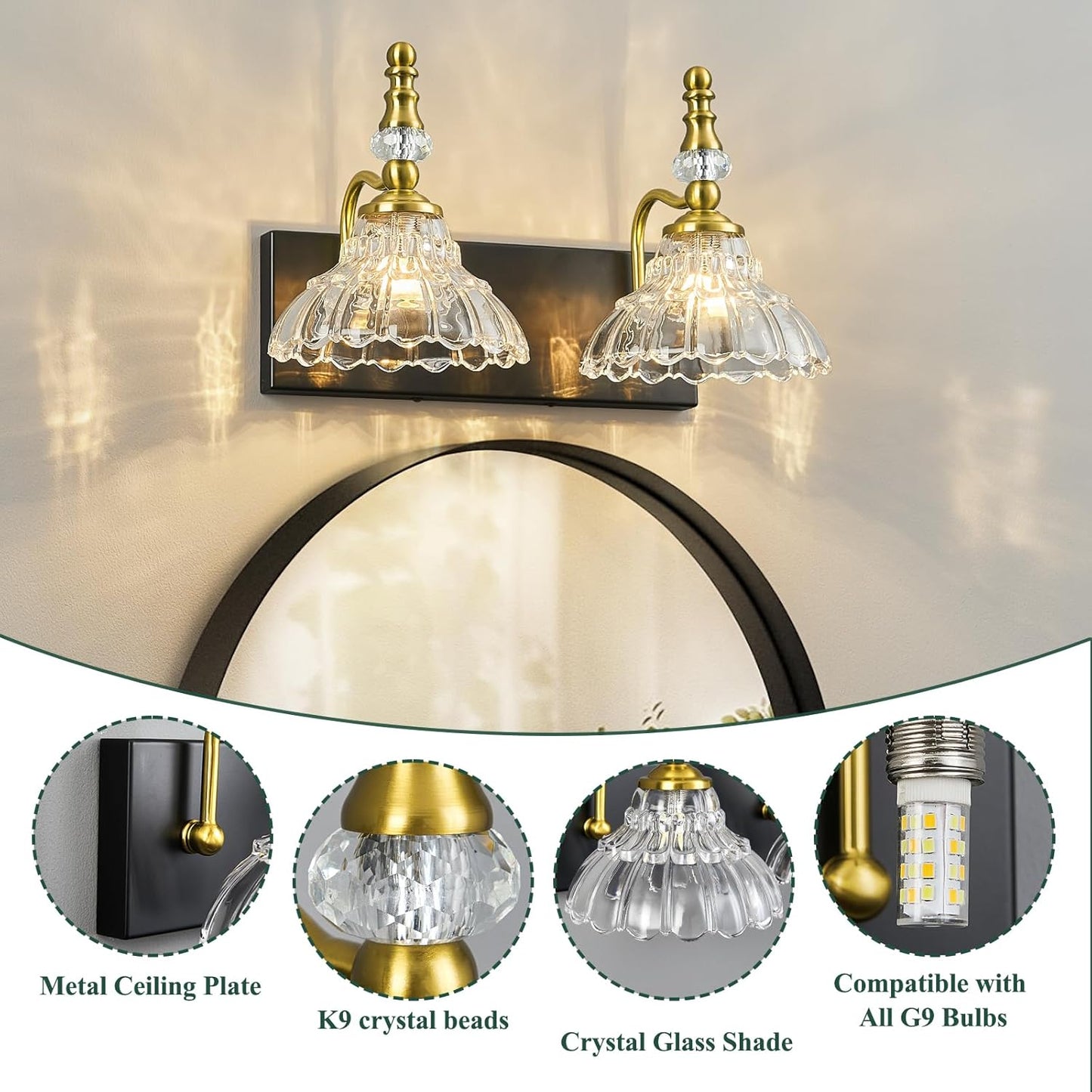 Vintage Bathroom Vanity Light, 2-Light Black Gold Vanity Lighting Fixture with Flower Glass Shade, Bathroom Lighting Fixtures Over Mirror
