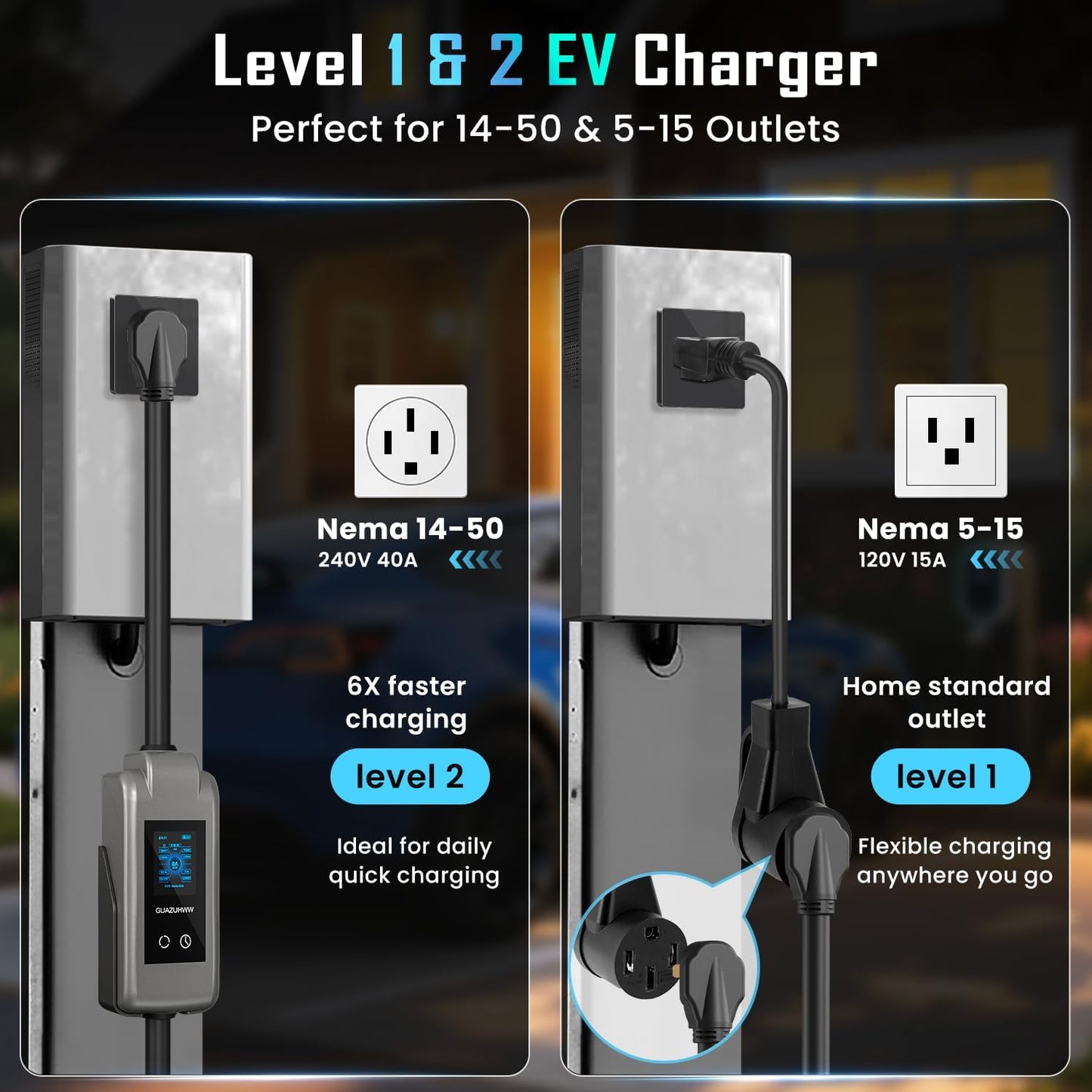 Level 2 EV Charger, 8X Faster Charging, Portable & IP66 Waterproof, NEMA 14-50 Plug for Home Garage & Outdoor Camping, Compatible with J1772 EVs (Tesla with Adapter) (40, Amps)