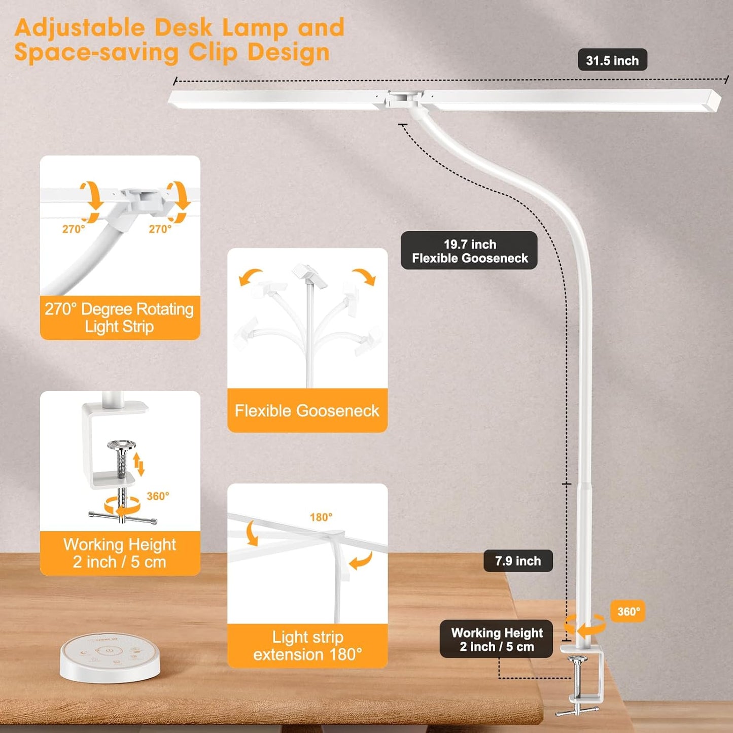 Led Desk Lamp for Office Home - Eye Caring Architect lamp with Clamp,Dual Screen Computer Monitor Work Smart Light: 24W 5 Color Flexible Adjustable Lighting Table Lamp for Study White