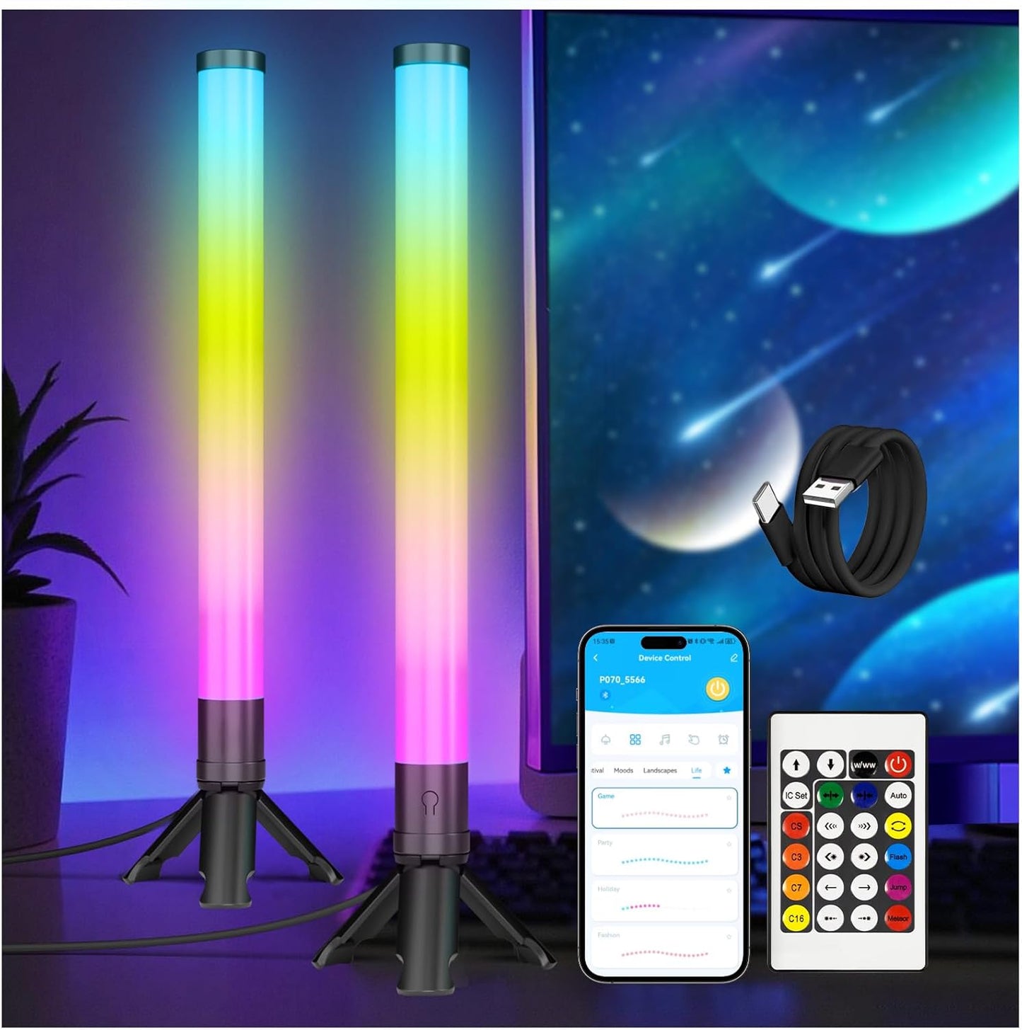 DAYBETTER RGB Light Bar, 360° Smart LED Light Bars for Room, Music Sync Gaming Lights, App & Remote Control Led Lights for TV Backlight, Desk Ambient Lighting for Game Room, Black