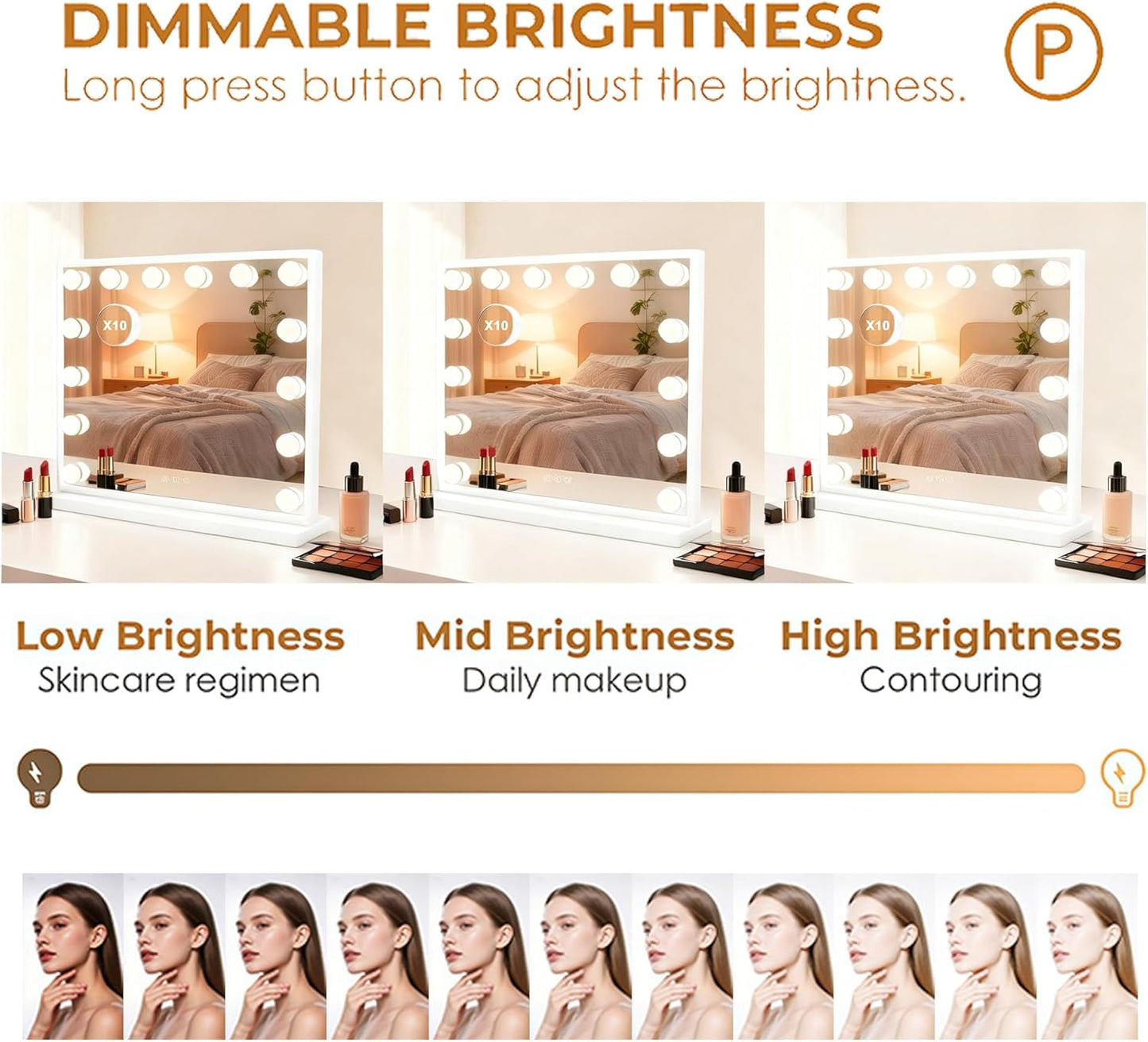 Lighted Vanity Mirror, Hollywood Style, 14.5 Inch LED Makeup Mirror, White/Black, Metal Frame, 10x Magnification, 3 Dimming Modes, Smart Touch Control (White)
