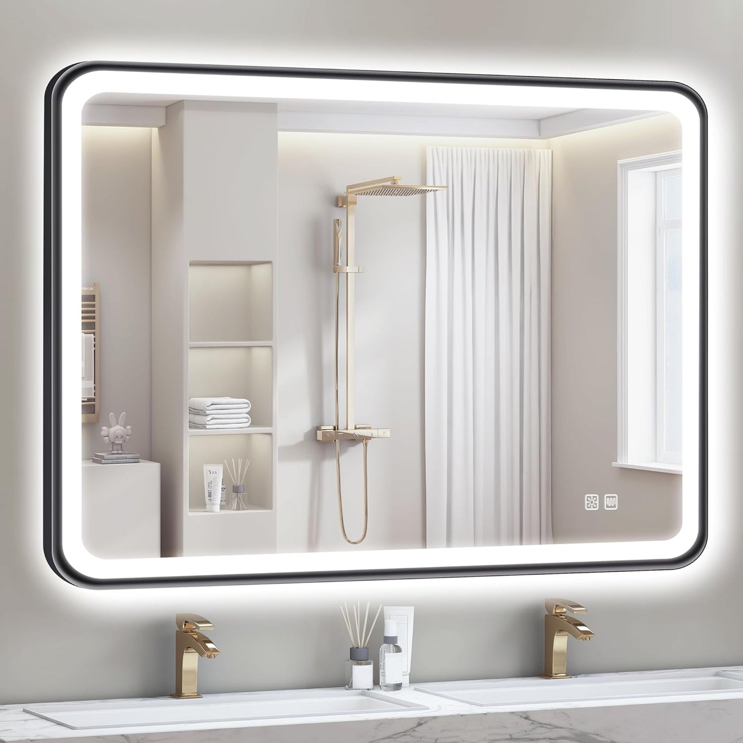 S'bagno 40X28 Black LED Mirror for Bathroom with Frontlit & Backlit, LED Bathroom Mirror with Metal Frame, Anti-Fog, Stepless Dimmable, 3 Colors Temperature LED Vanity Mirror(Horizontal/Vertical)