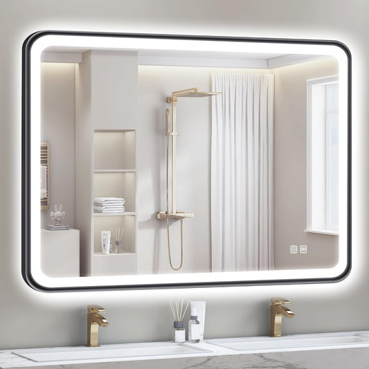 S'bagno 40X28 Black LED Mirror for Bathroom with Frontlit & Backlit, LED Bathroom Mirror with Metal Frame, Anti-Fog, Stepless Dimmable, 3 Colors Temperature LED Vanity Mirror(Horizontal/Vertical)