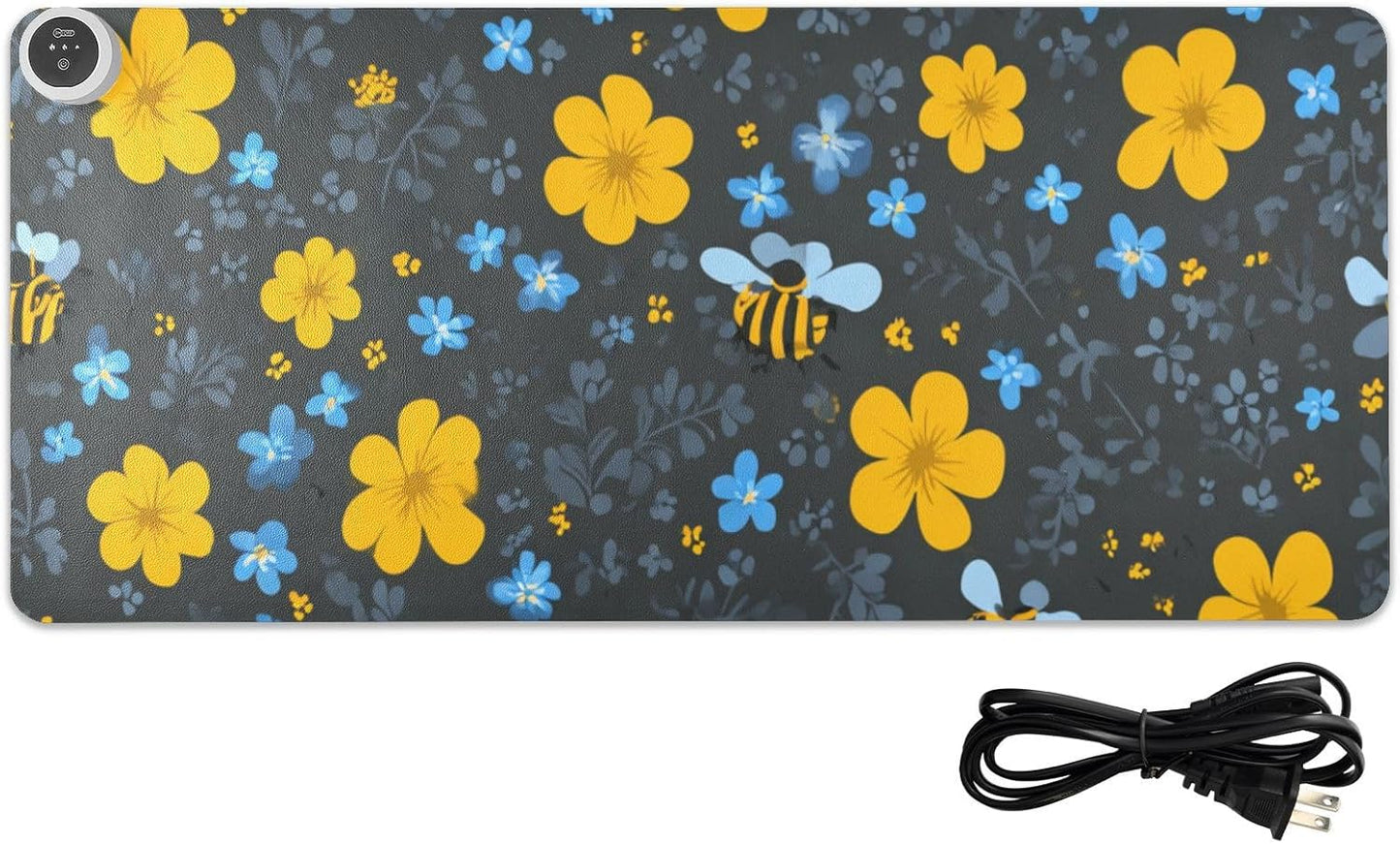 Heated Desk Pad Mouse Pad 31.5x13 Inch PU Leather Desk Mat with 3 Heat Levels Large Mouse Gaming Computer Laptop Mat Blue Floral Fragments and Bees