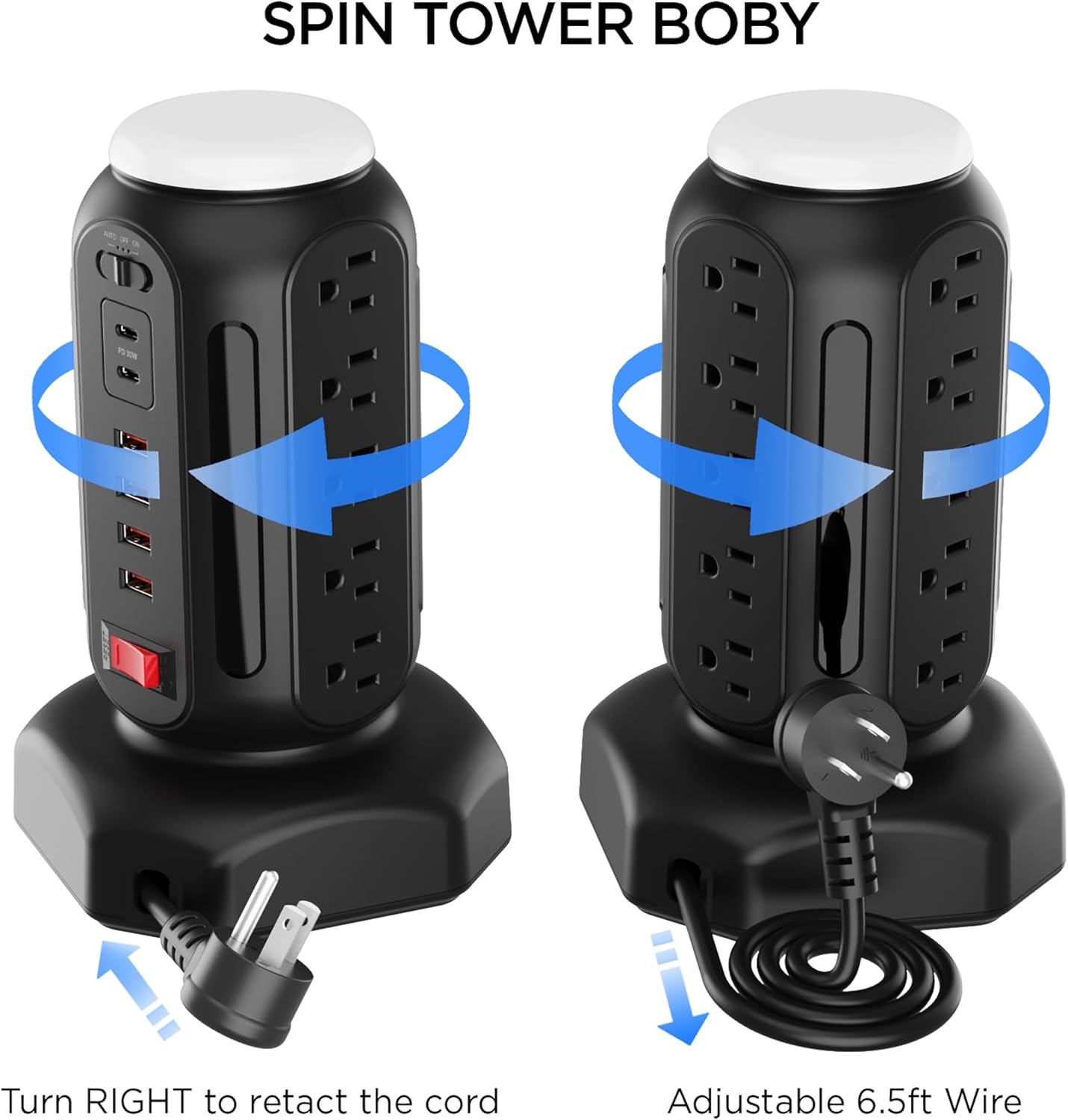 PD 30W Fast Charging Power Strip, with Surge Protector, RGB Night Light, 15 Outlets Power Tower, 2 Type C and 4 USB Ports, Space Saving, Retractable Extension Cord 6.5ft for Home (Black)
