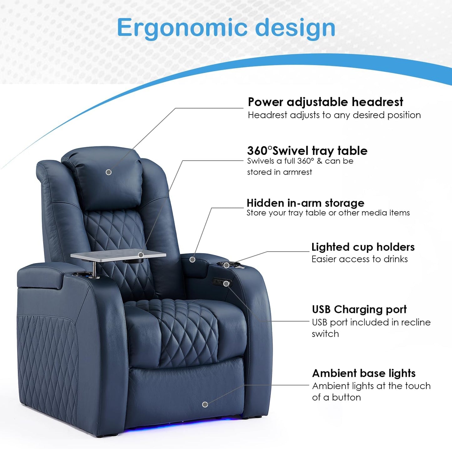Weilianda Home Theater Seating Top Grain Leather Zero Gravity Recliner Chair Power Headrest Recline Movie Seat Gaming 7 Colors Mood Light Sofa with Tray Table USB Charge Row of 4 Blue