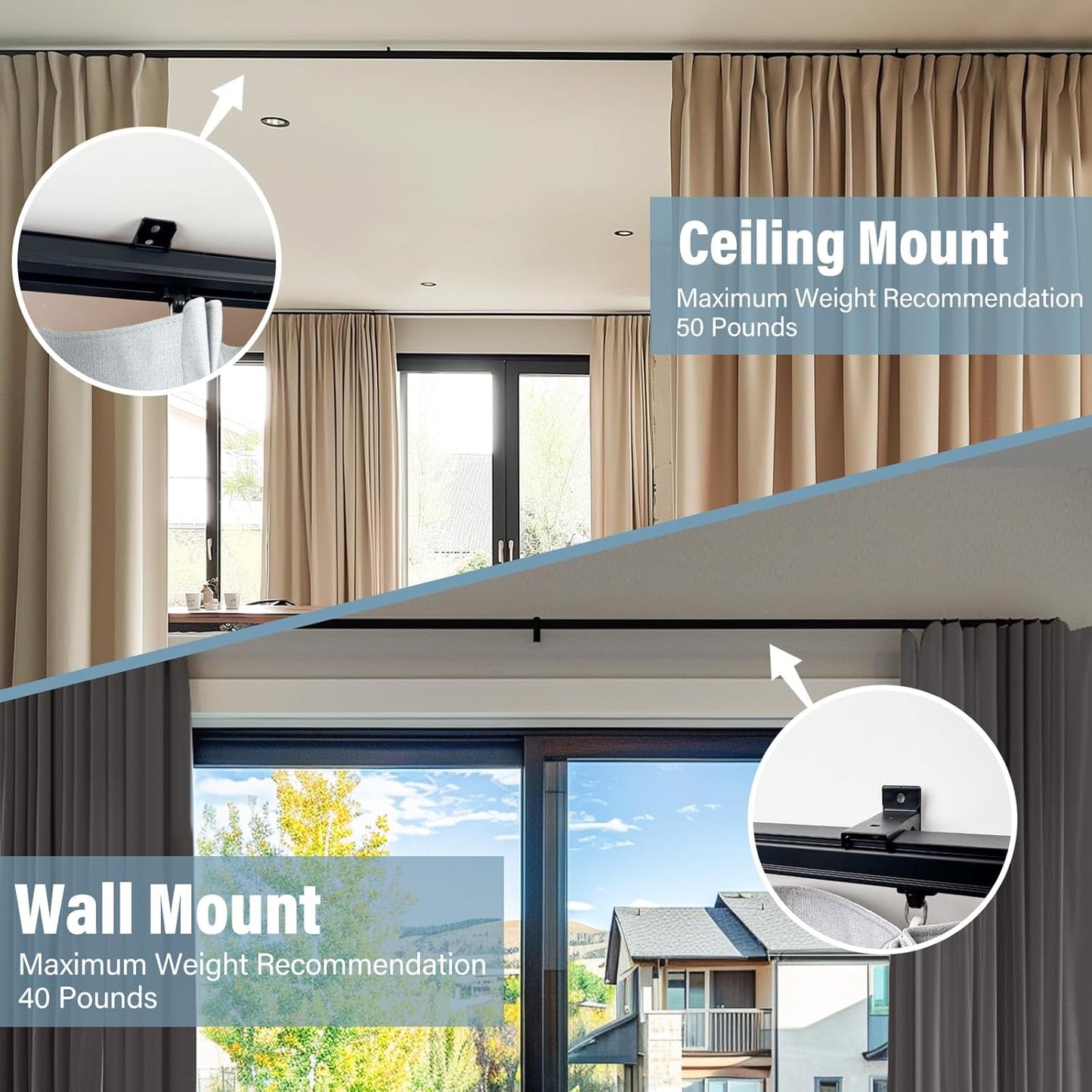 Curtain Track Ceiling Mount heavy duty sliding Curtains Tracks rails Rod System Room Divider with clips 9-12ft Black