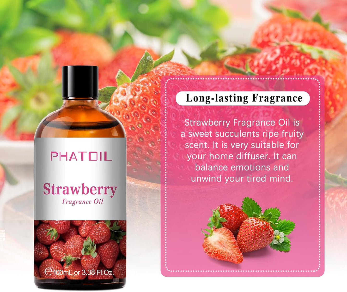 PHATOIL 3.38FL.OZ Strawberry Fragrance Oils for Aromatherapy, Essential Oils for Diffusers for Home, Perfect for Diffuser, Yoga, Skin Care, DIY Candle and Soap Making - 100ml