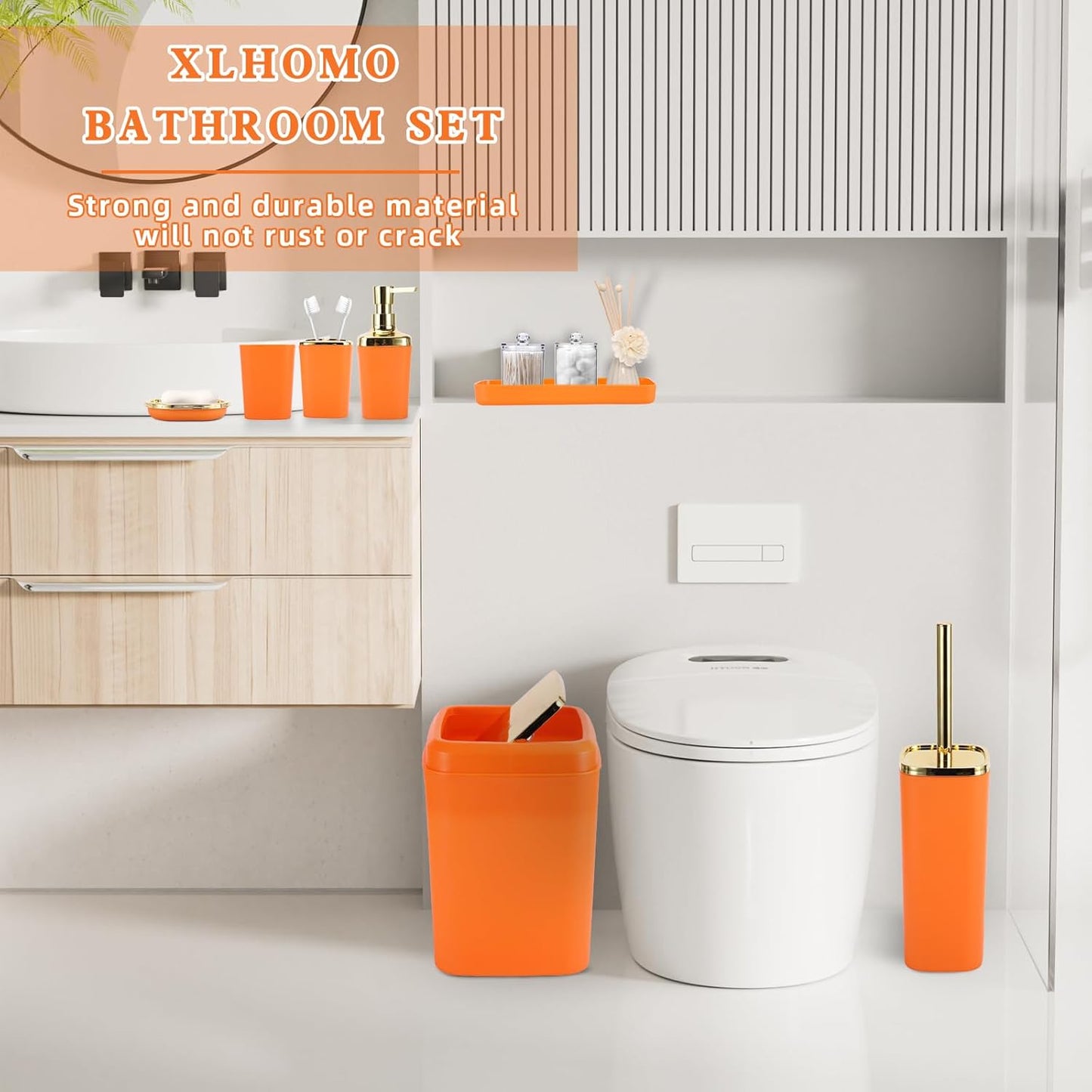 Orange Bathroom Accessories, Bathroom Sets with Stripe Shower Curtain, Orange and Gold Bathroom Accessories Set with Trash Can, Soap Dispenser, Soap Dish, Qtip Holders for Bathroom