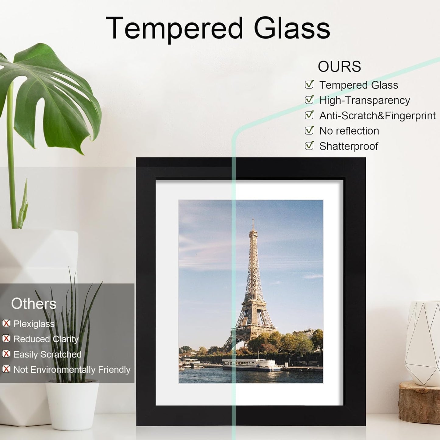 iRahmen 10x12 Picture Frame with HD Tempered Glass, Display Pictures 8x10 with Mat or 10 x 12 Without Mat, Wood Photo Frames for Tabletop and Wall Mount (Black, 1 Pack)