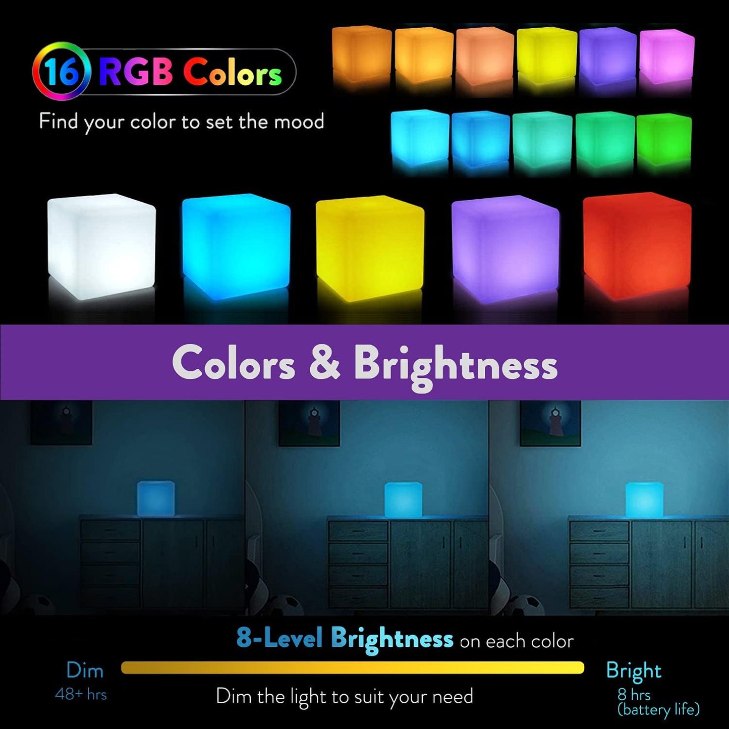 Mr.Go 4-inch Dimmable LED Night Light Mood Lamp for Kids and Adults - 16 RGB Colors - 8 Level Dimming - 4 Lighting Effect - Rechargeable - Remote Control - Decorative, Fun & Safe - White Finish Cube