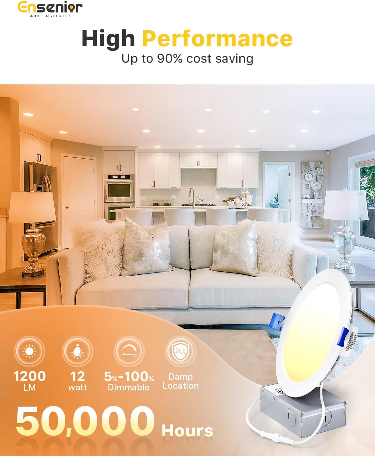 Ensenior 12 Pack 6 Inch LED Recessed Ceiling Light, Dimmable, 3000K Warm White, 1050LM 12W 120V, High Brightness Canless Wafer Downlight - ETL&FCC&IC