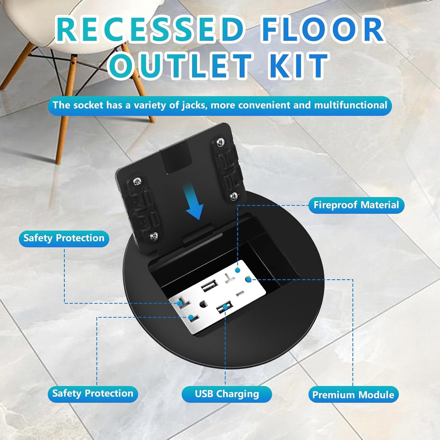 KYHSHJ Standard Outlets Recessed Circular Floor Socket Kit with 2 * 20A Receptacle，4.8A*2 USB-A Ports ，Corrosive Resistant Hardware,Black