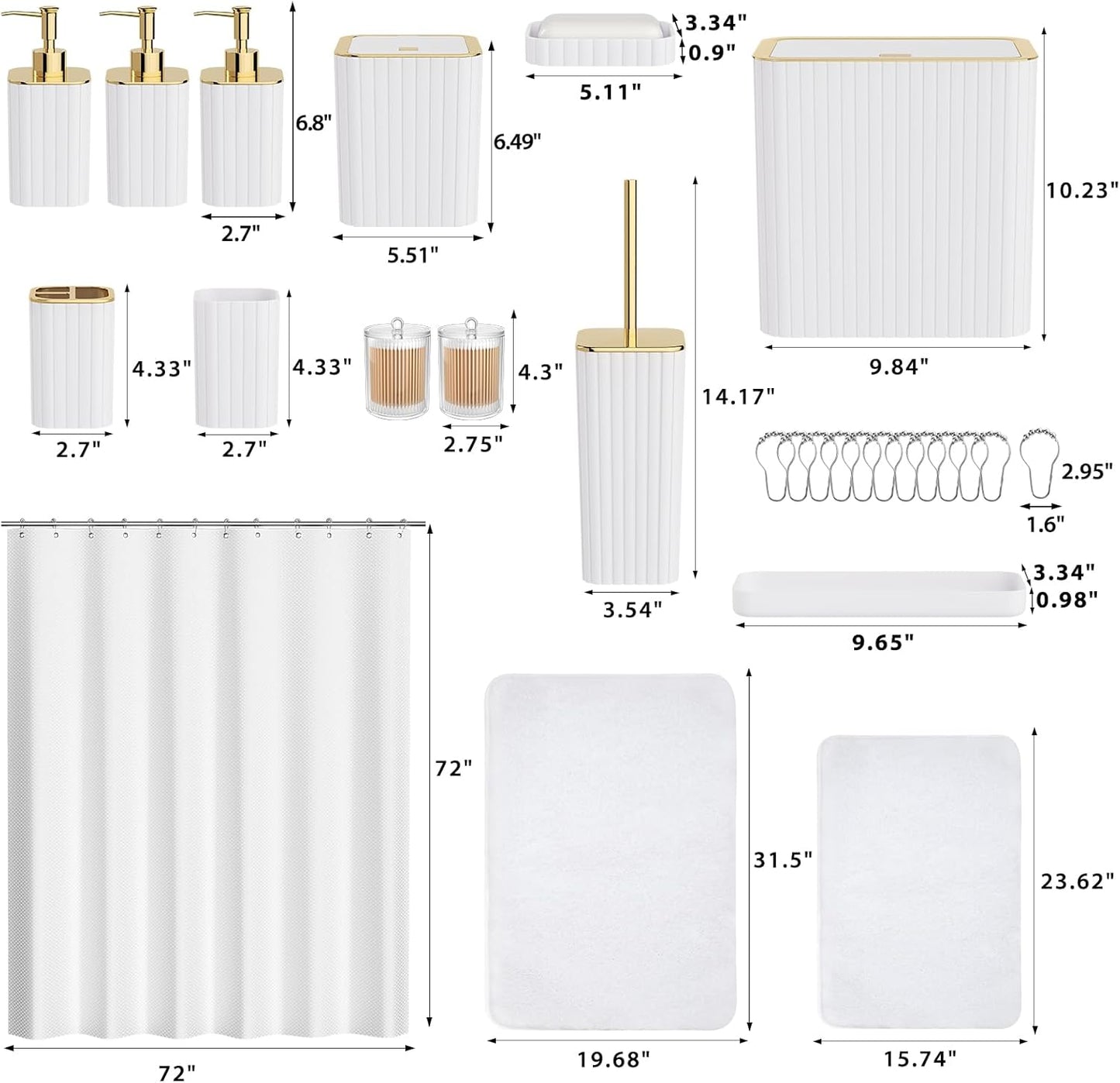 Bathroom Accessory Set - Bathroom Set, 27PC Bathroom Accessories Set, White Bathroom Sets with Shower Curtain and Rugs, Mini Trash Can, Toilet Brush, Trash Can & Soap Dispenser