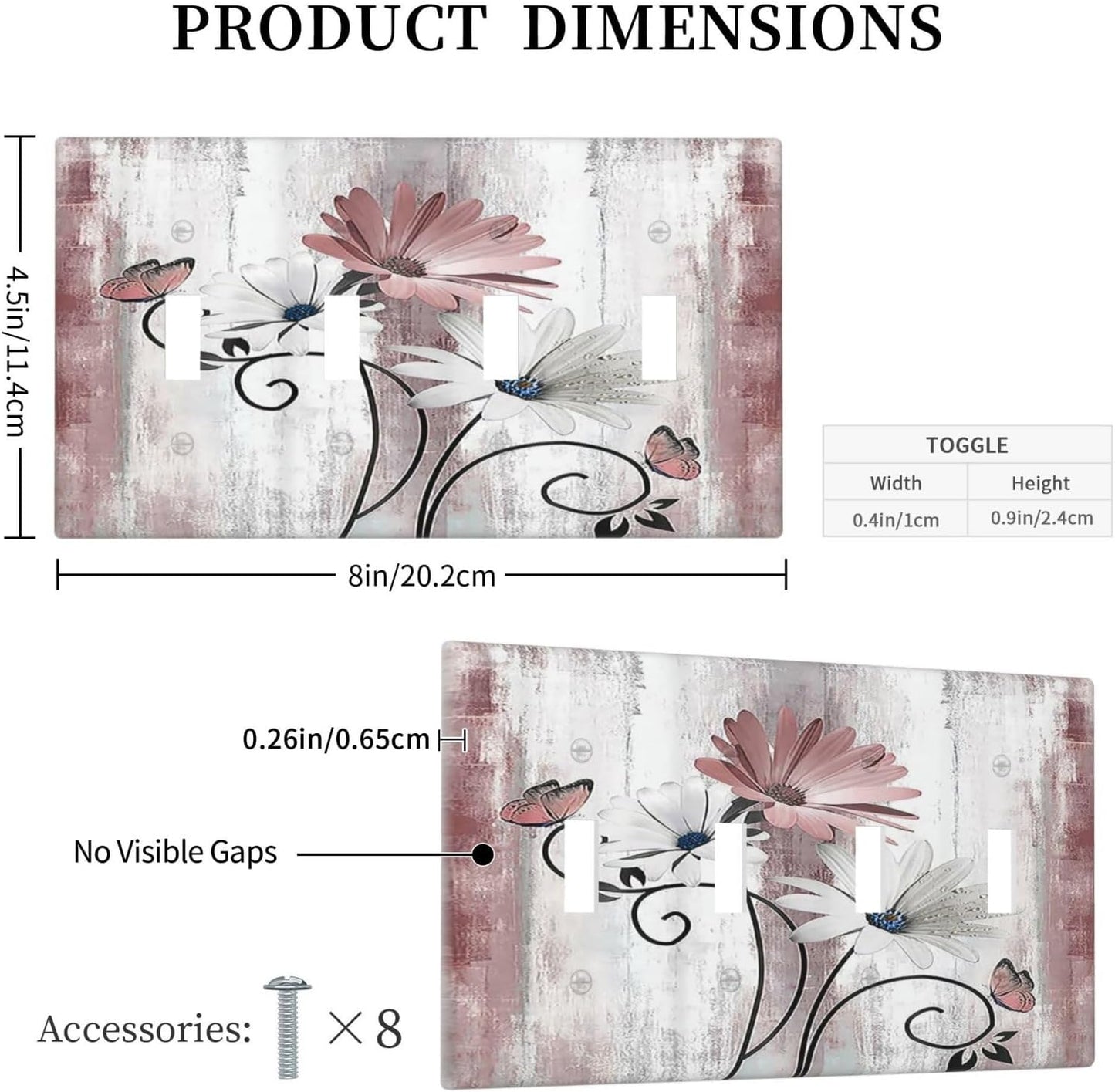 Light Switch Covers Pink White Daisy Butterfly Wood Grain Quad Toggle Electrical Faceplate 4 Gang Wall Plate Decorative Switch Plates for Farmhouse Bathroom Decor