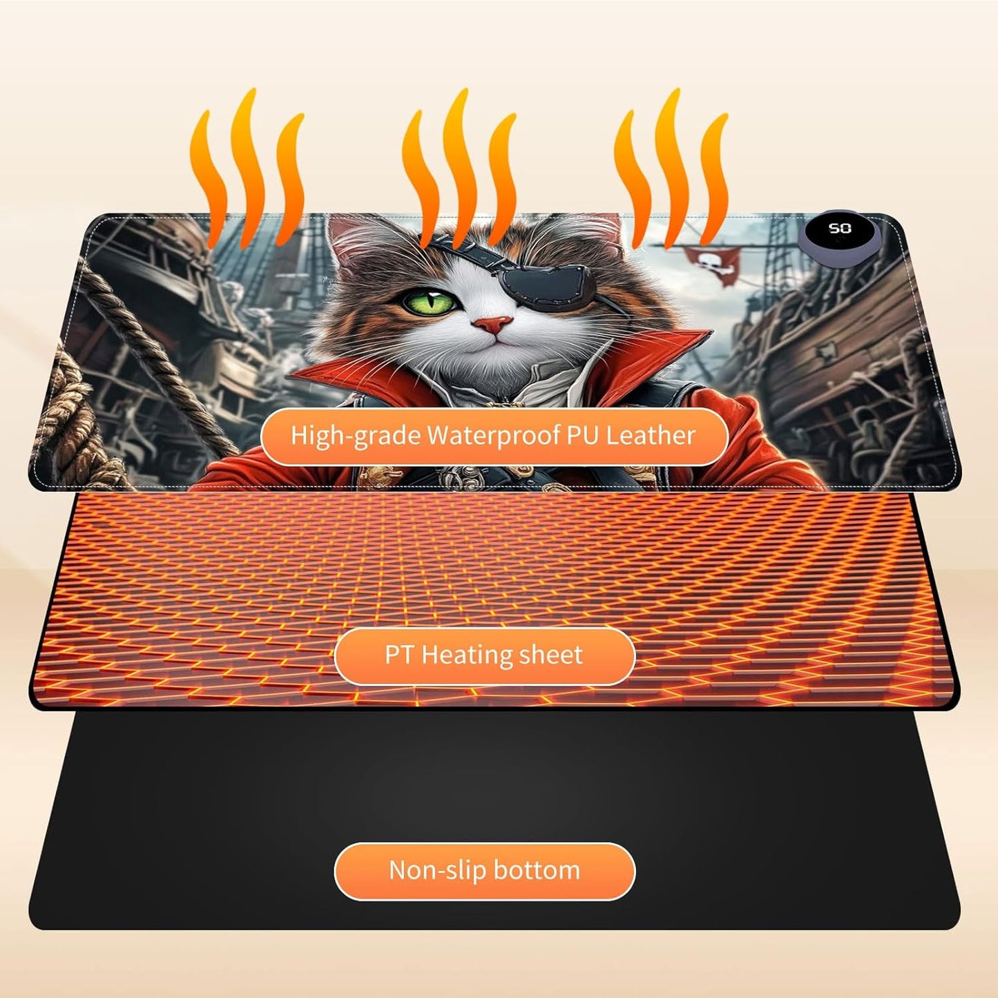Small Heated Desk Pad 23.6" x 14.2" – Compact Electric Mouse Pad with 3 Heating Levels, Auto Shut-Off, Waterproof PU Surface, Plug-in Warmer for Office or Home Use, Pirate Cat