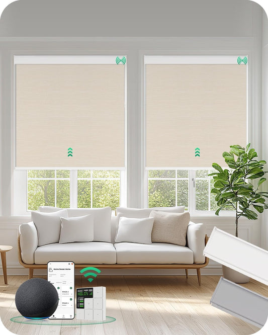 Allesin Motorized Roller Blinds – Rechargeable Smart Shades with Remote & Quiet Motor, Top/Bottom Aluminum Rails, Alexa-Compatible for Window (Custom Size, 100% Blackout Wheat-Jacquard)