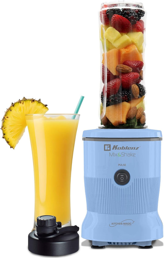 Koblenz Mix&Shake Blender, 20 oz Portable Blender, 600W Motor, Pulse, ON/OFF Functions, Stainless Steel Blades, Shakes, Sauces, Smoothie Maker, (1) 20 oz To-Go Bottle, Blue, MSKM-600 A