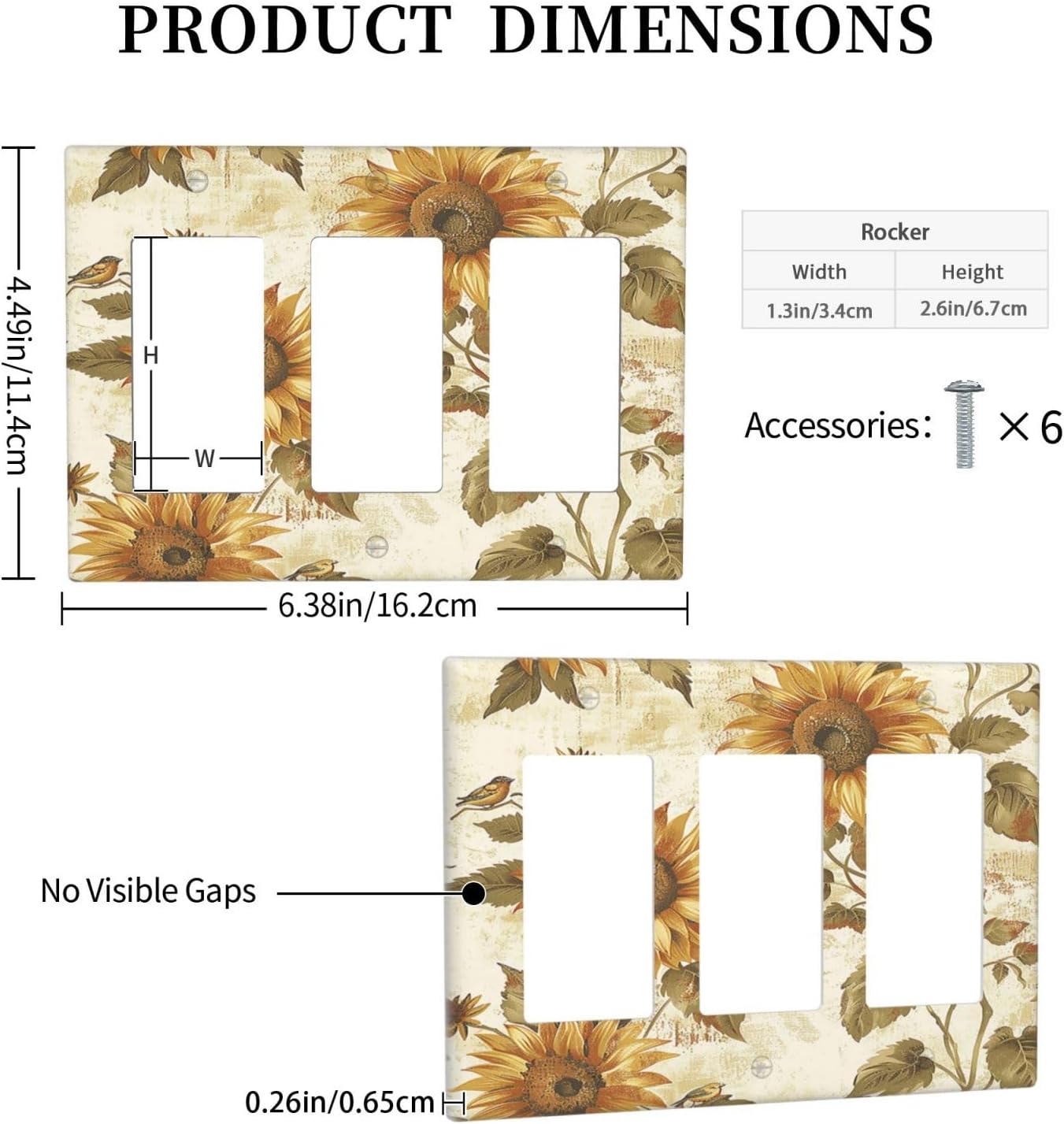 Light Switch Covers Rustic Sunflower Floral Pattern 3 Gang Rocker Electrical GFCI Decorative Triple Outlet Wall Plate Cover Switchplate for Bedroom Cabin Decor