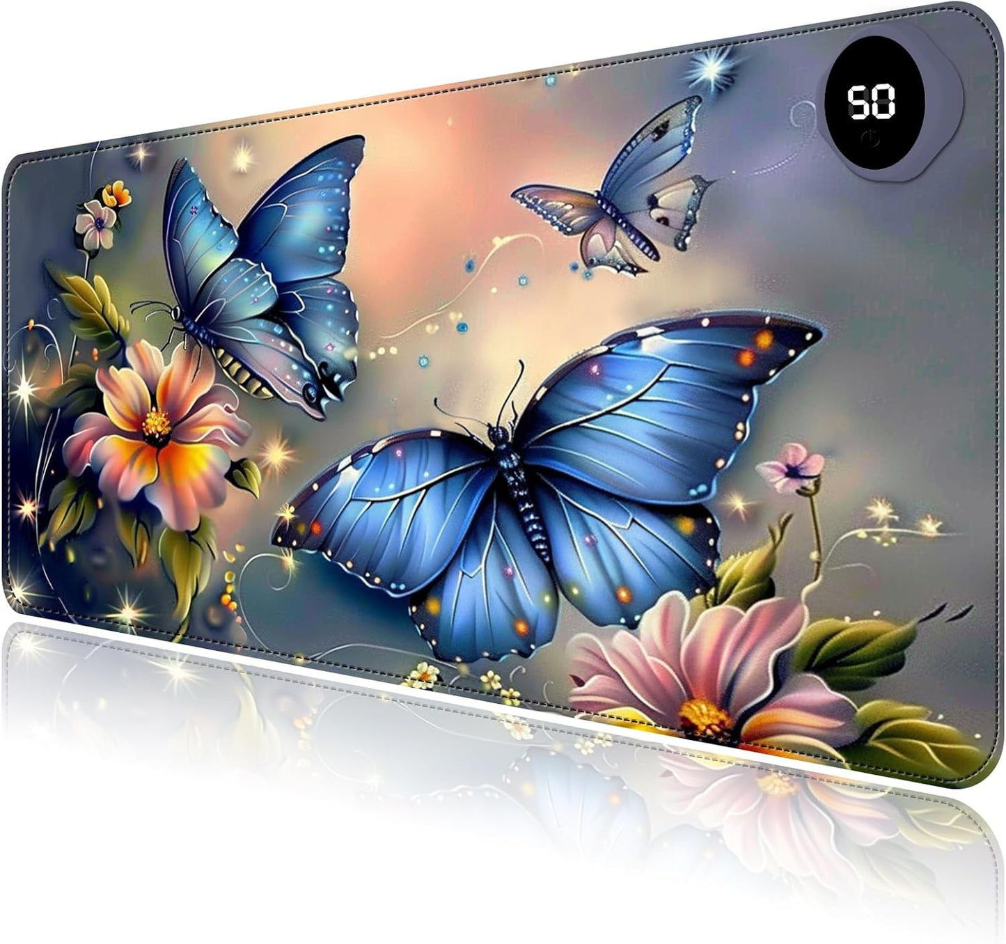 Heated Mouse Pad with 3 Levels Heated & 3 Hours Auto Shut-Off Mouse Pad for Warming Hands in Office Home, 31.5" x 13"Large Safe Desk Mat Hand Warmer，Blue Butterfly