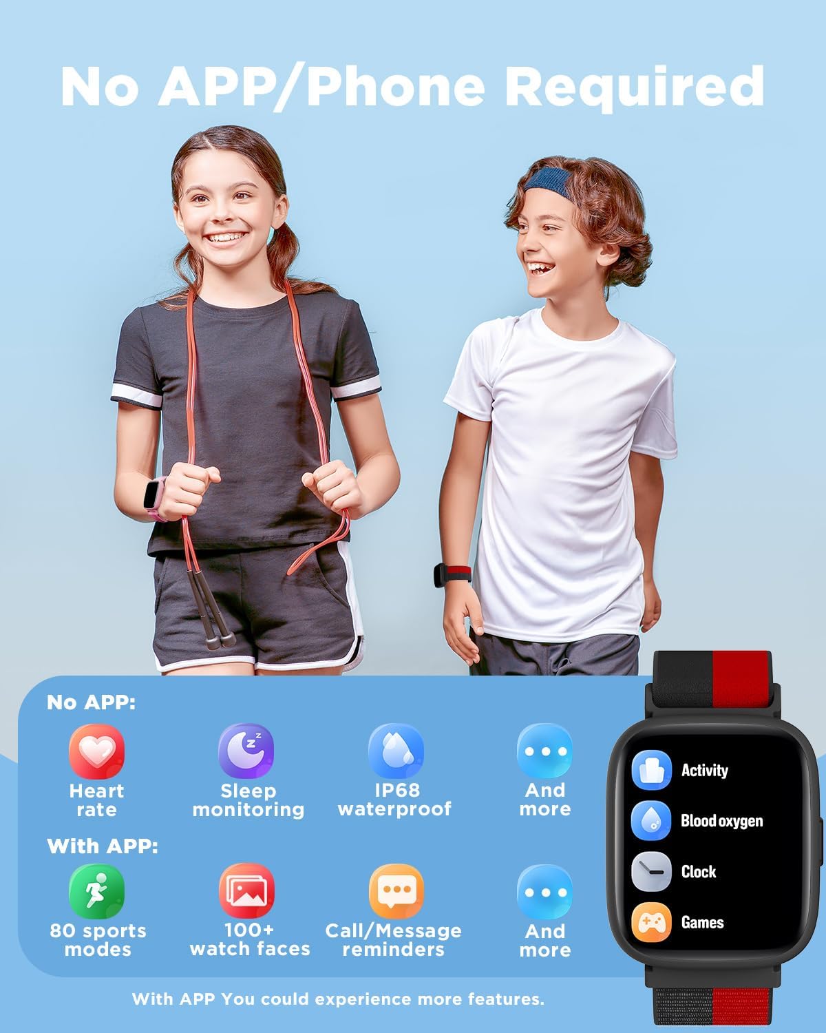 BIGGERFIVE Smart Watch for Kids, 1.8" Fitness Tracker Watch Pedometer, Heart Rate, IP68 Waterproof, Sleep Monitor, Calorie Step Counter, Puzzle Game with/Without APP for Girls Boys Teens 5-16, Nylon