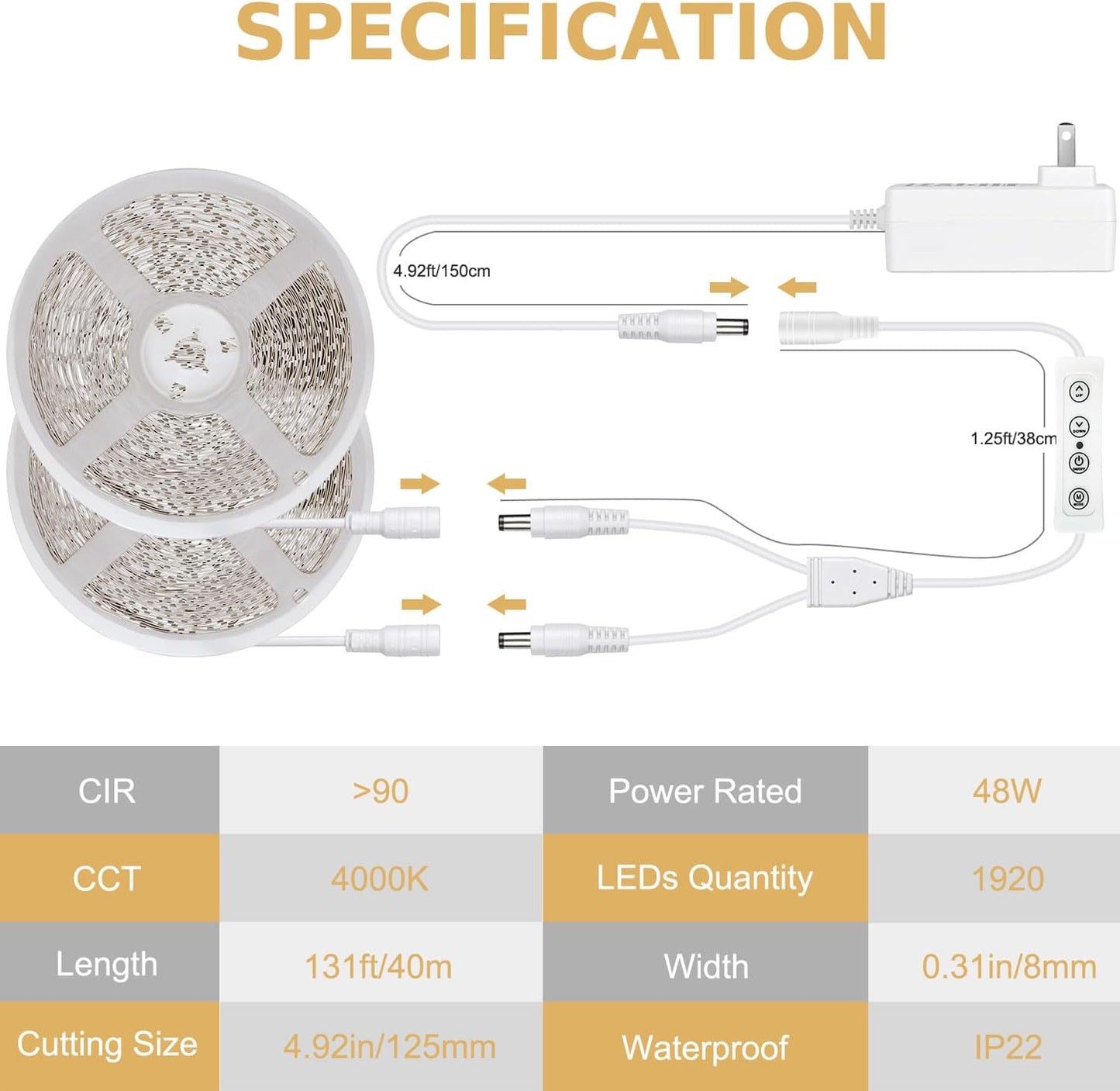 White LED Strip Lights, 131ft Dimmable 24V LED Lights Strip 4000K Bright Natural White, Flexible Tape Lights for Bedrooms, Kitchen, Cabinet, Christmas Decor, 2 Rolls of 65.6ft