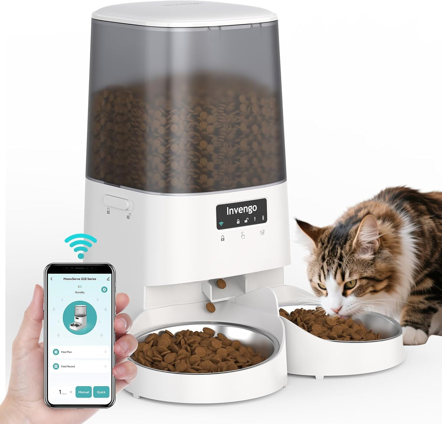 Automatic Cat Feeder with App Control, 5L Food Dispenser for 2 Cats, 2.4/5G WiFi, Dual Power, Programmable Portions, Anti-Jam & Fresh-Lock, Stainless Steel Bowls, Easy to Clean