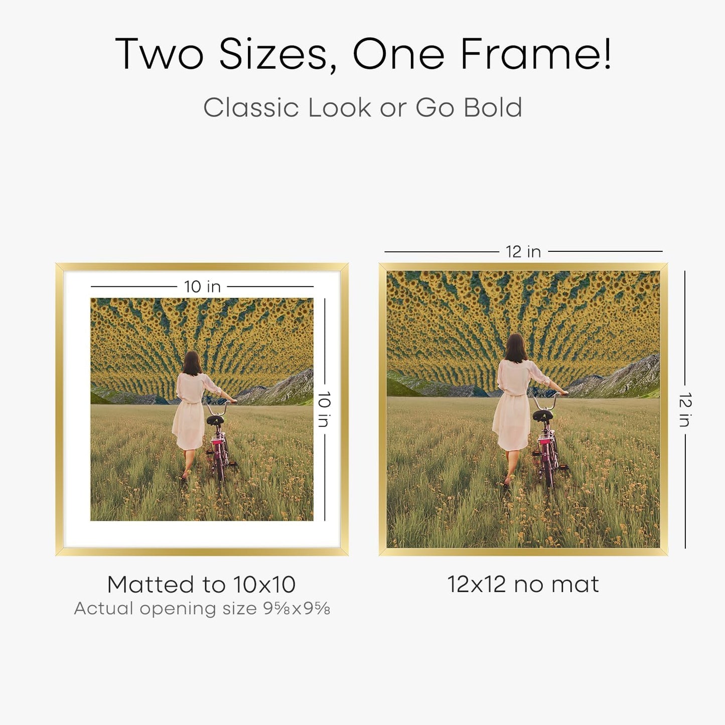 Homeforia 12x12 Picture Frame Gold, High End Metal 12 x 12 Square Poster Frame with Mat 10 x 10 Photo, 12x12 Frame Matted to 10x10 Print, 12by12 Gold Hanging Frames, Tempered Glass, Wall Kit, Set of 2