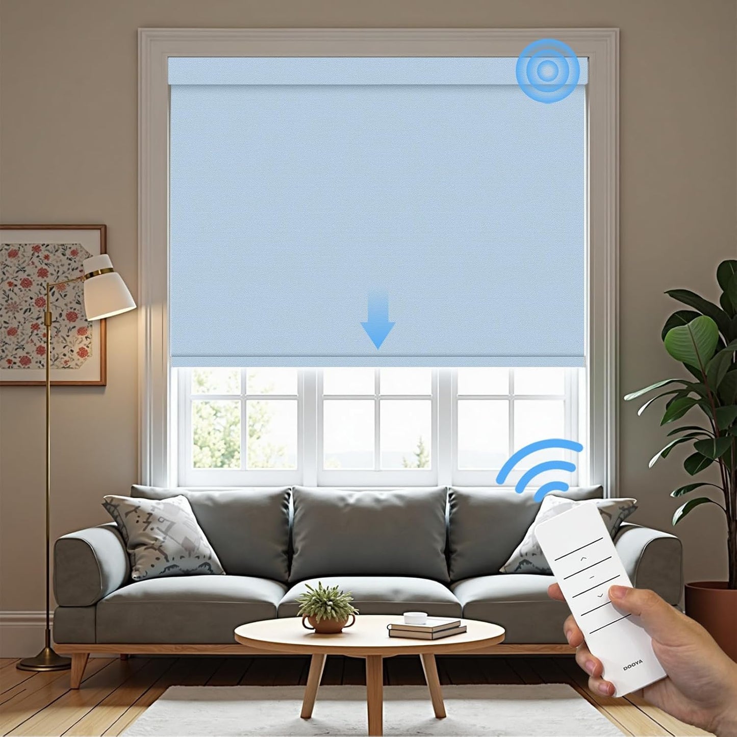 Motorized Roller Blinds with Remote, 100% Blackout Automatic Roller Shades for Bedroom, Bathroom, and Living Room, Customized Size, Pale Lake Blue