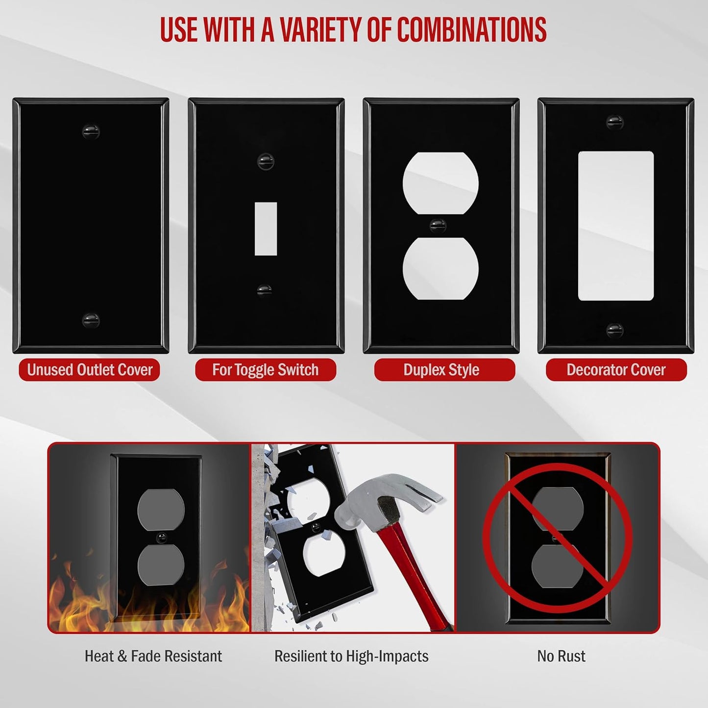 ENERLITES Duplex Receptacle Metal Wall Plate, Outlet Cover, Corrosion Resistant, Standard Size 1-Gang 4.50" x 2.76", Powder Coated Stamped Steel, 7721-BG, Black Gloss