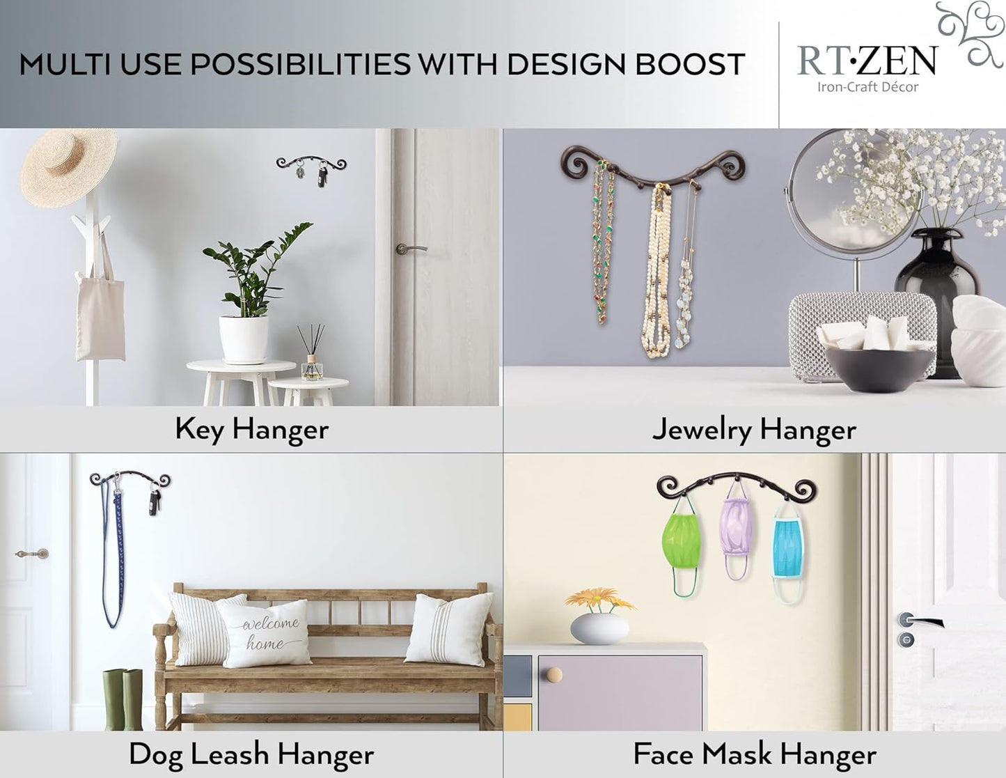 RTZEN Farmhouse Small Key Holder for Wall - Handcrafted Swirl Decorative 5 Key Hooks for Home Entryway - Wrought Iron Wall Mount Rack Purse Coat and Leash Holder or Organizer (Swirly Black)