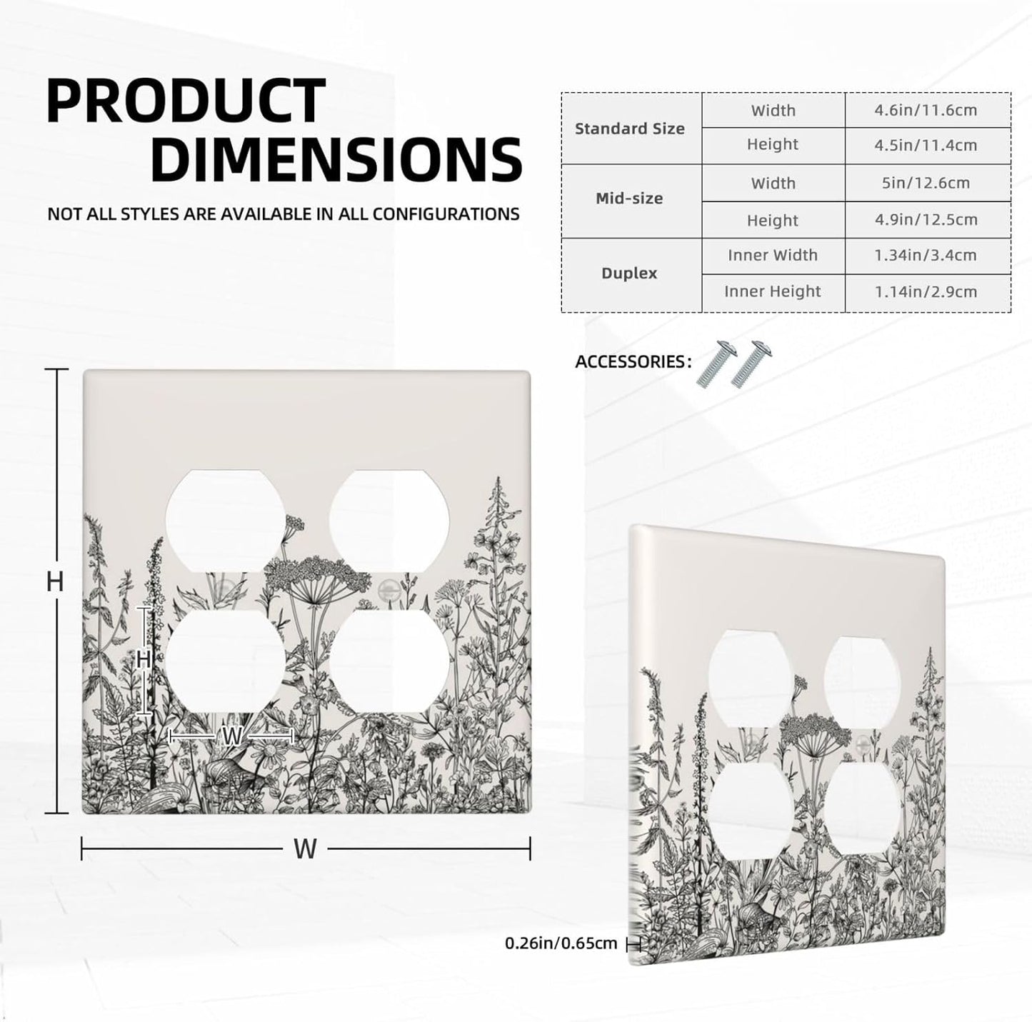 Decorative Outlet Covers Beige Skech Plant Leaves Flowers 2 Gang Wall Plate Cover Double Duplex Receptacle Two Switch Light Switch Cover Plate Jumbo Dual Faceplate for Home Decor