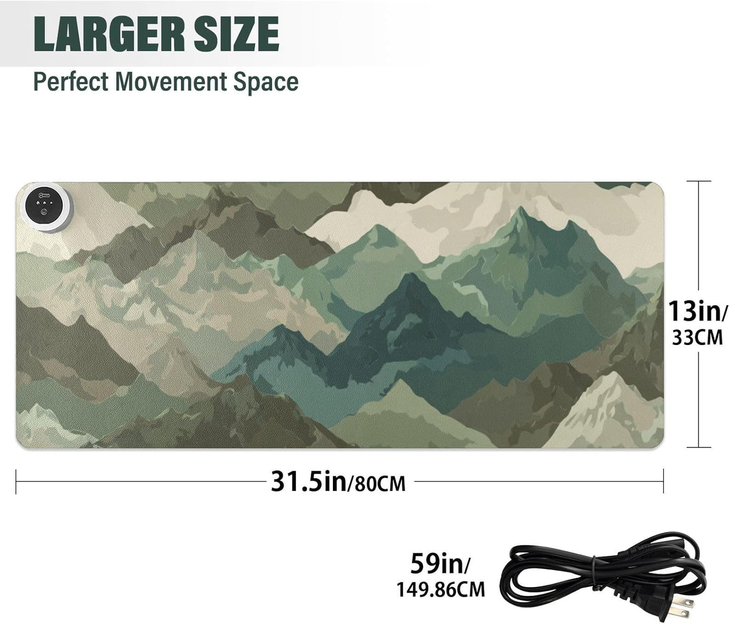 Heated Desk Pad Mouse Pad 31.5x13 Inch PU Leather Desk Mat with 3 Heat Levels Large Mouse Gaming Computer Laptop Mat Sage Green Camounflage Mountain