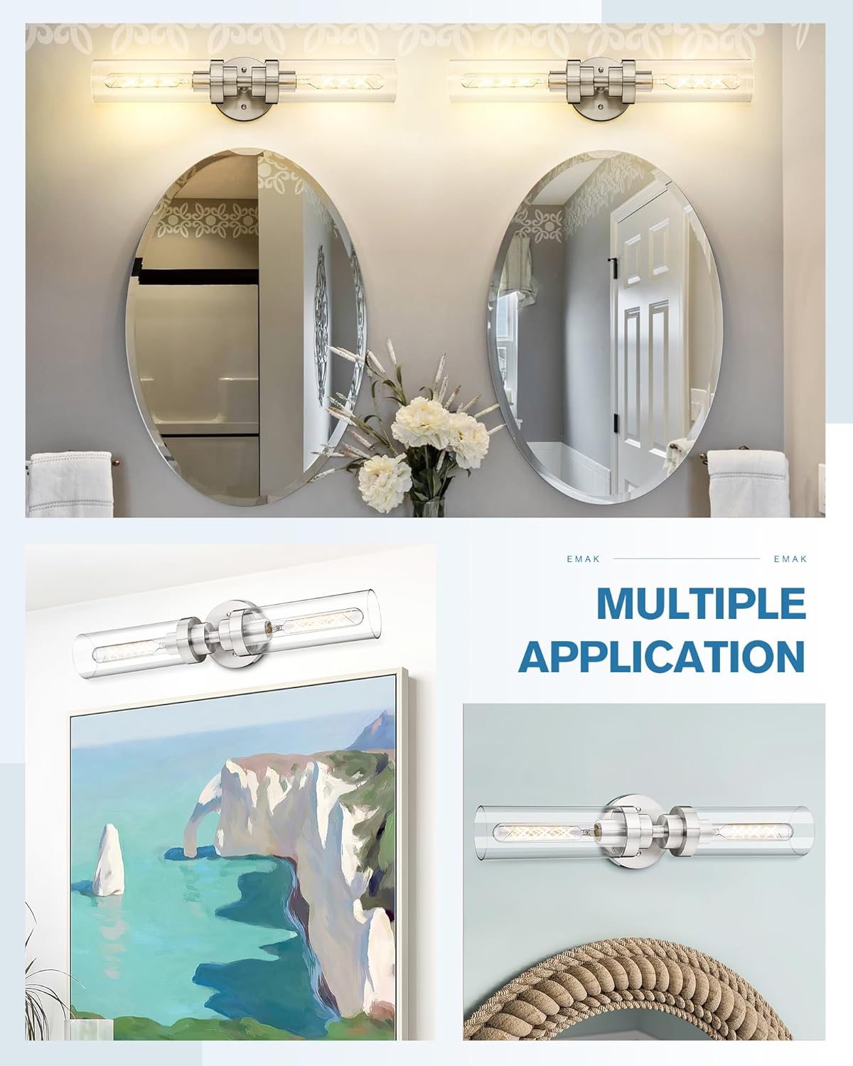 Emak Brushed Nickel Vanity Lights for Bathroom, Modern 22 Inch Bathroom Light Fixtures, 2-Light Cylinder Wall Sconces with Clear Glass Shade for Bathroom, Bedroom, Hallway, VL085-BN-2