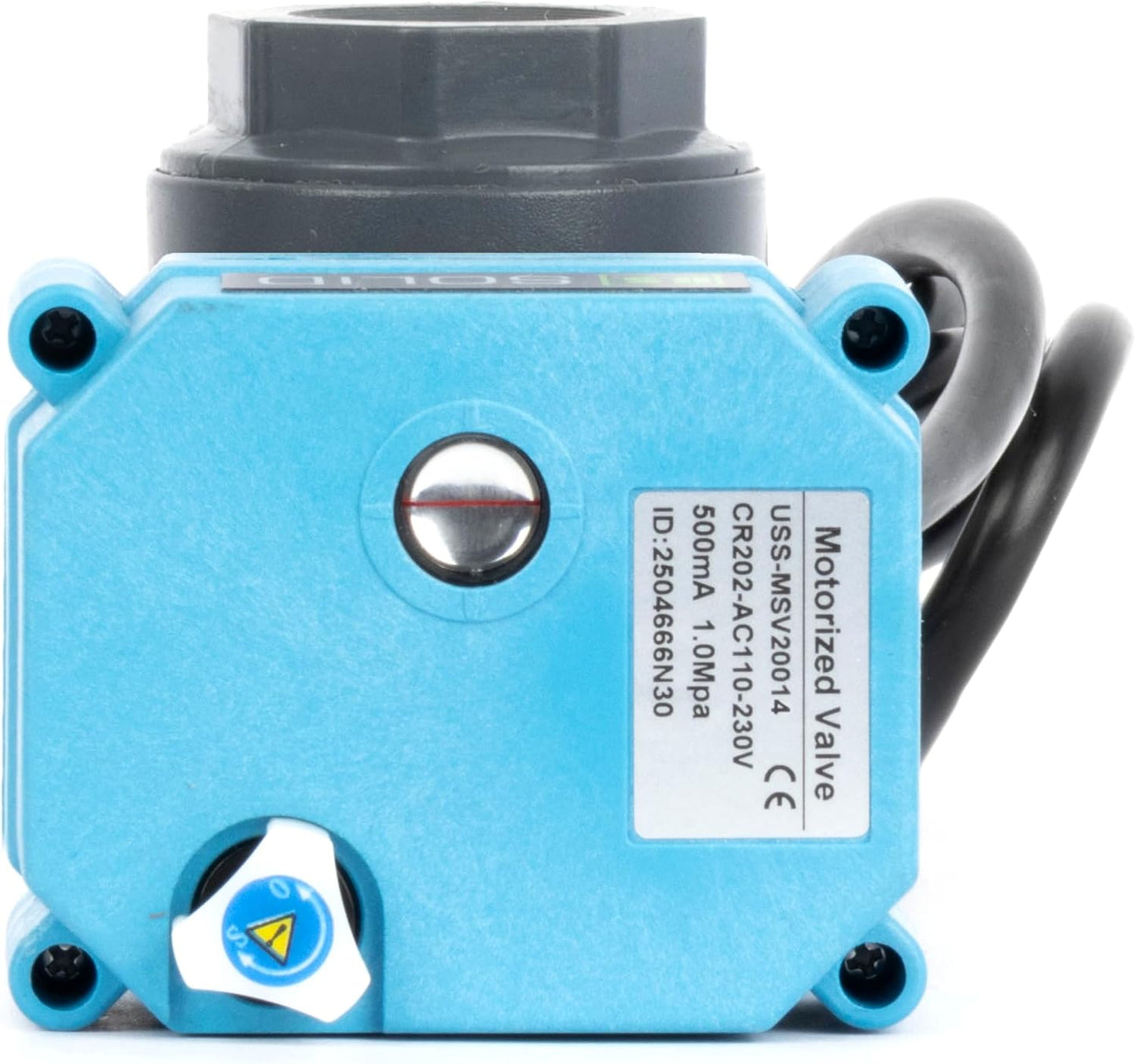 U.S. Solid 3/4” PVC Motorized Ball Valve - Plastic Electrical, US Plug, IP 67, Manual Override, 2 Wire Auto Return, AC 110~230V, Normally Closed